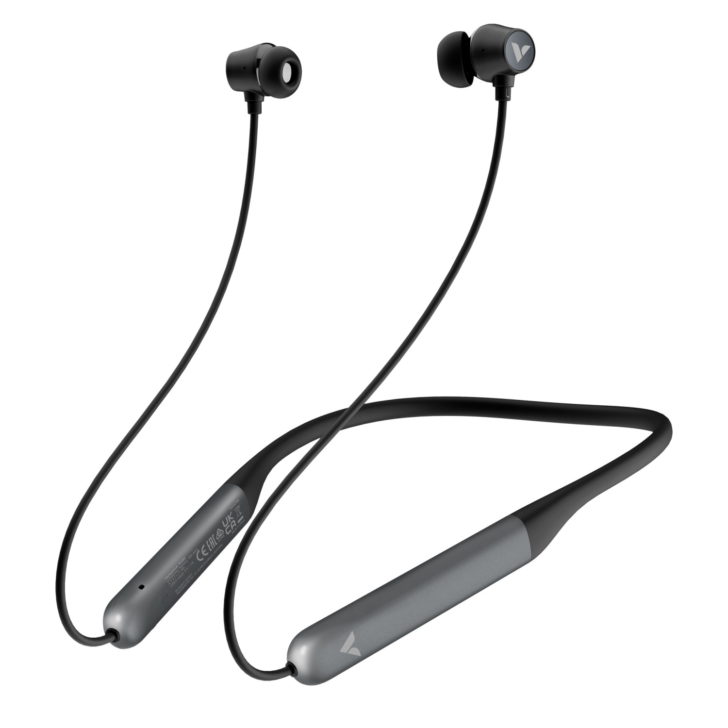 Auricolari wireless a fascia nera con accenti grigi. Sfondo bianco.