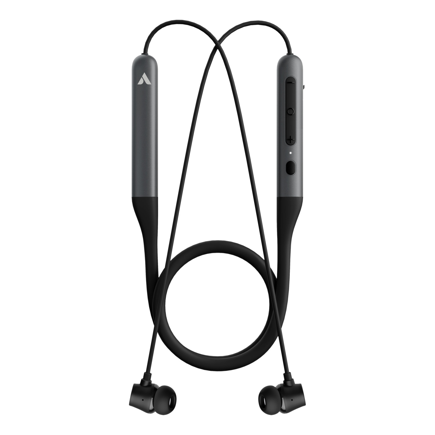 Auricolari da collo grigi con auricolari neri, isolati su sfondo bianco.