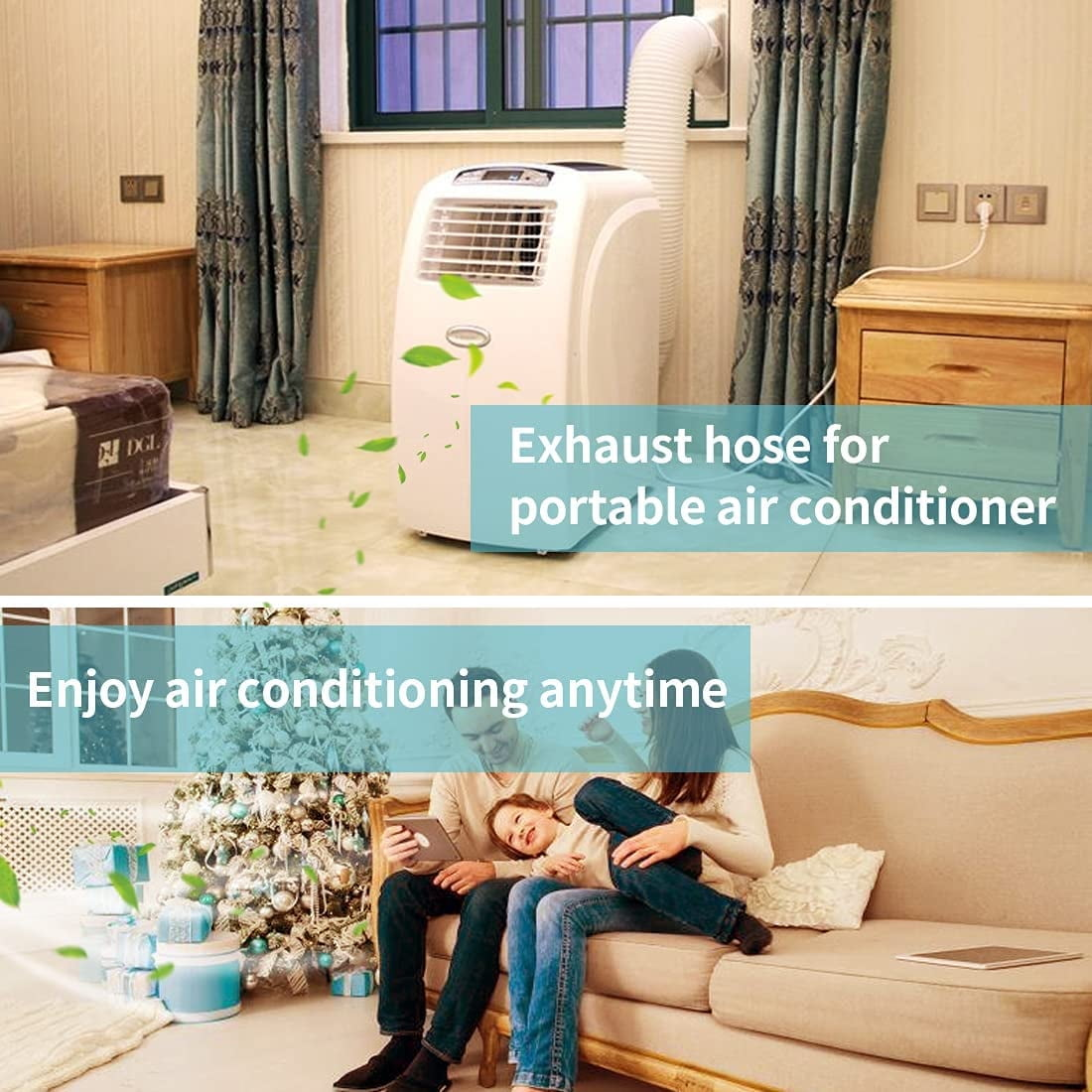 Tragbarer Klimaanlagen-Abluftschlauch und eine Familie auf dem Sofa.