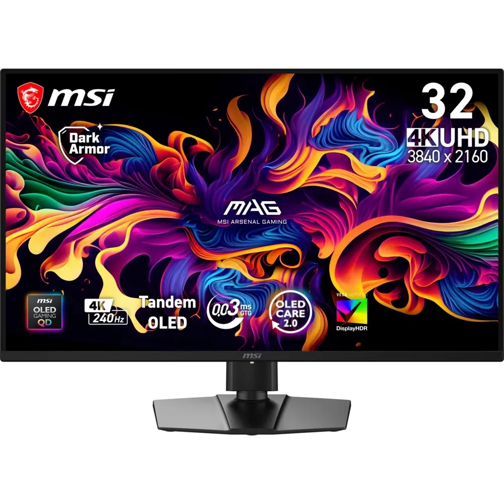 Canlı soyut sanat eserine sahip MSI 32 inç 4K UHD 240Hz OLED oyuncu monitörü.