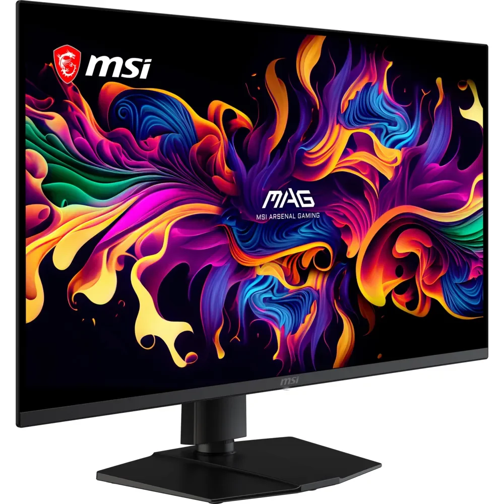MSI oyun monitörü, canlı, soyut alev benzeri desenli bir arka plana sahip.