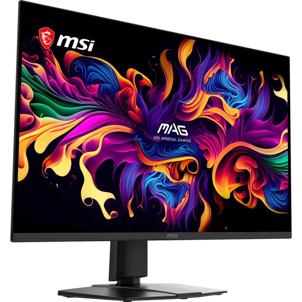 Canlı, soyut renkli tasarıma sahip bir MSI oyun monitörü.
