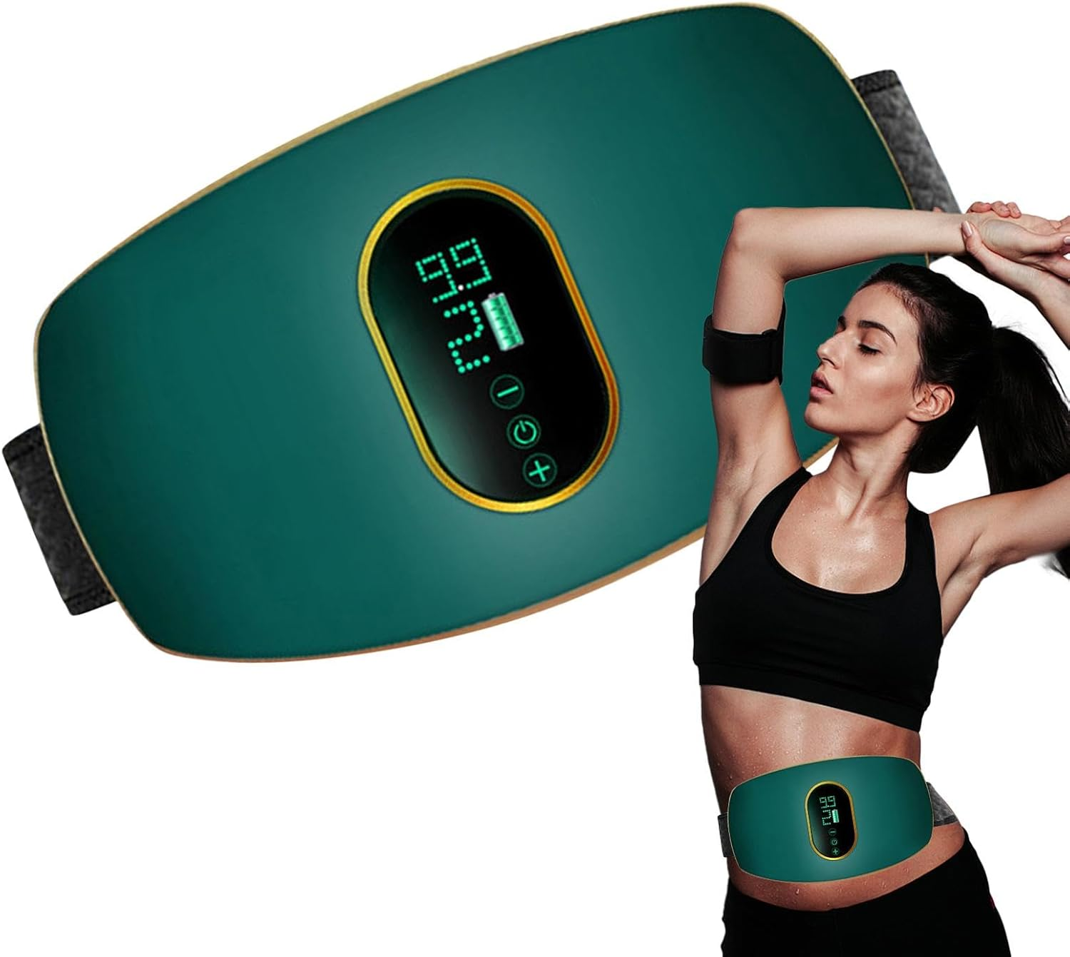 Eine Frau in Sportkleidung trägt einen grünen Bauchtrainer mit digitaler Anzeige.