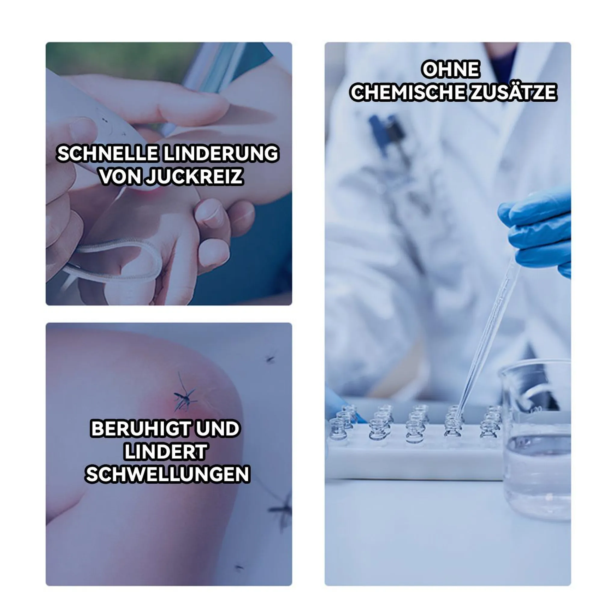 Schnelle Linderung von Juckreiz, beruhigt und lindert Schwellungen.