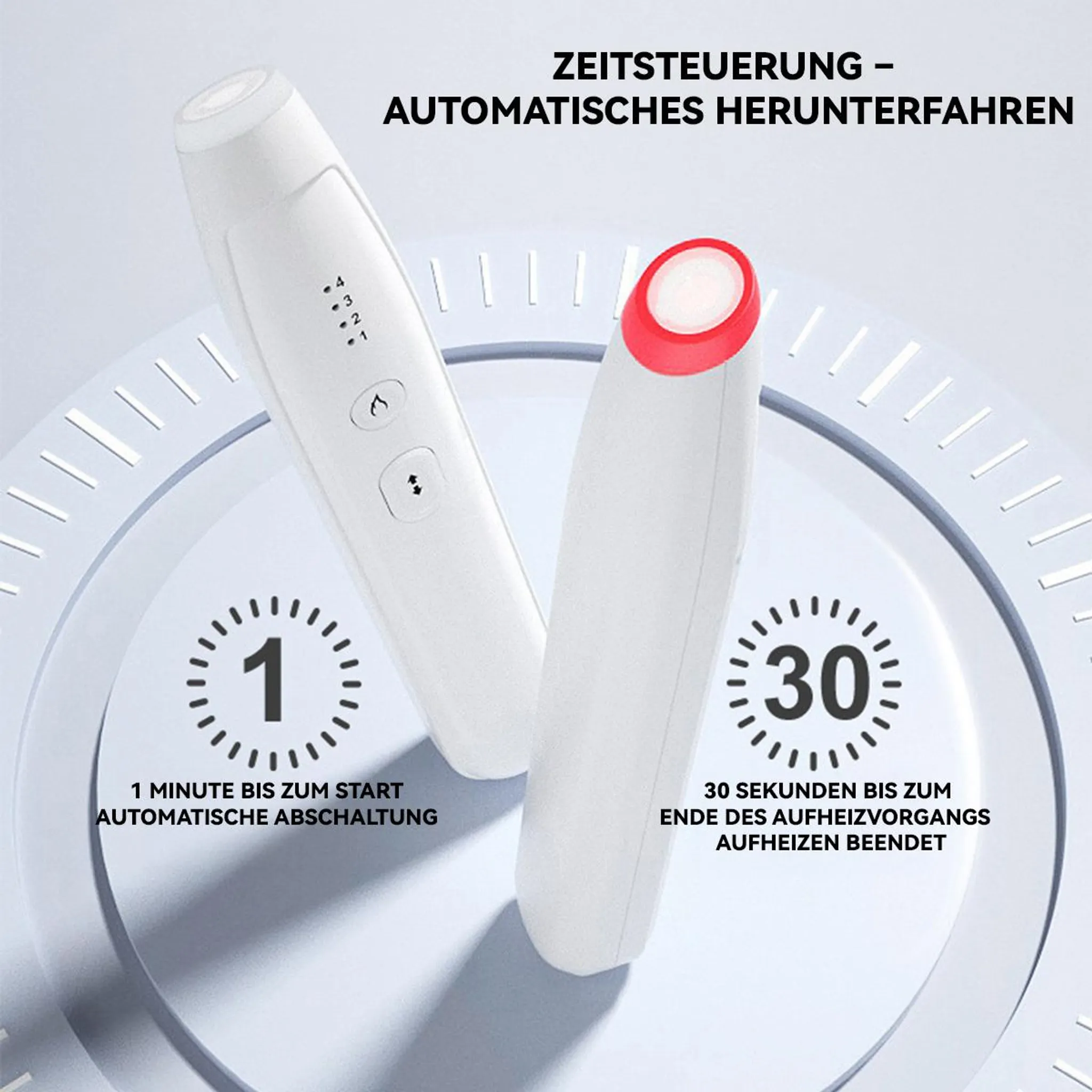 Zwei weiße Geräte mit roten Akzenten, mit Zeitangaben 1 und 30.
