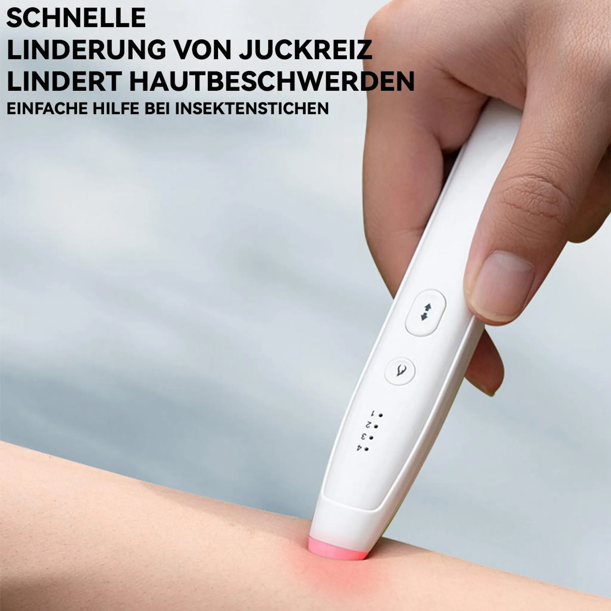 Ein weißes Gerät mit rotem Licht auf einer Hautstelle.