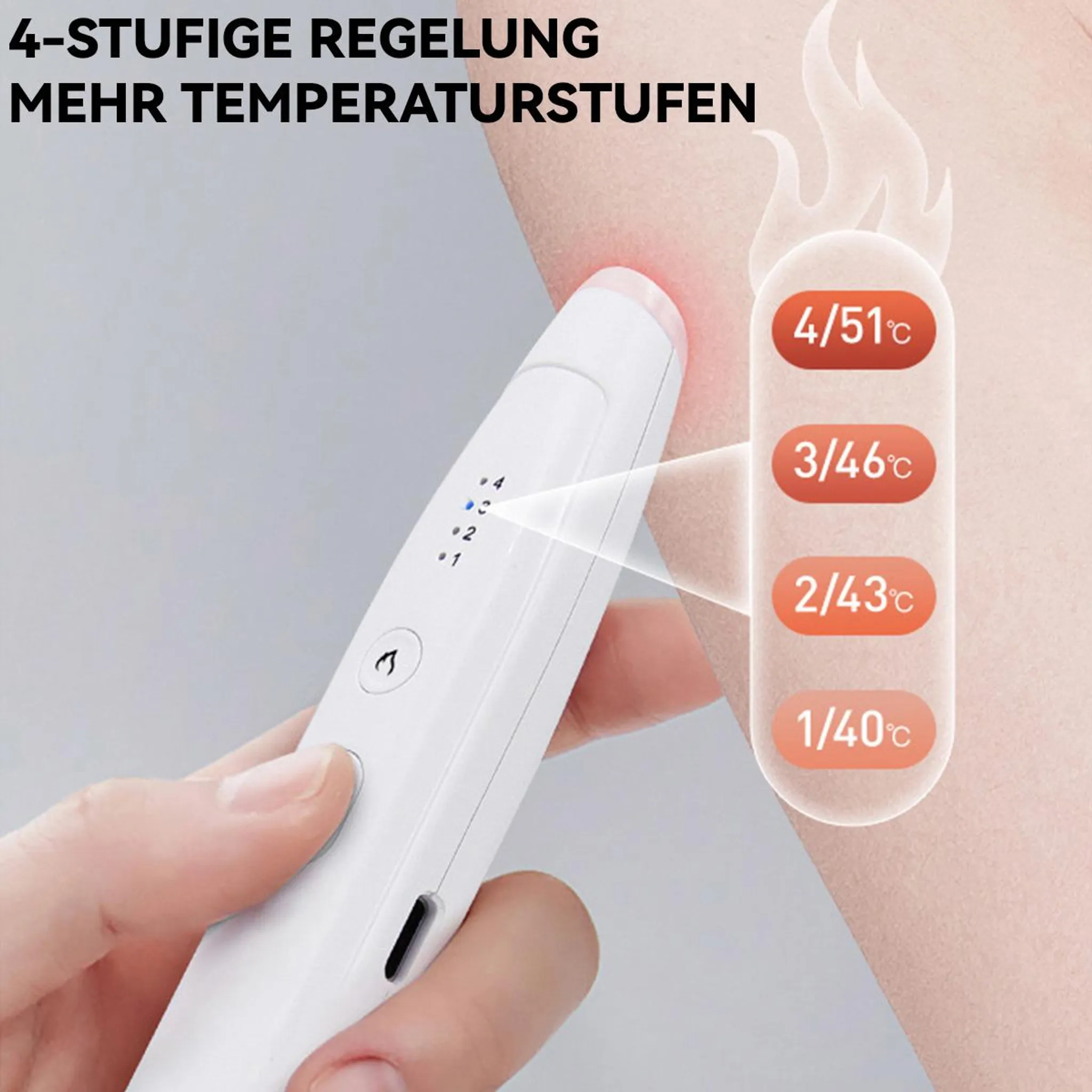 Ein weißes Gerät mit Temperaturanzeigen wird auf einem Arm gehalten.