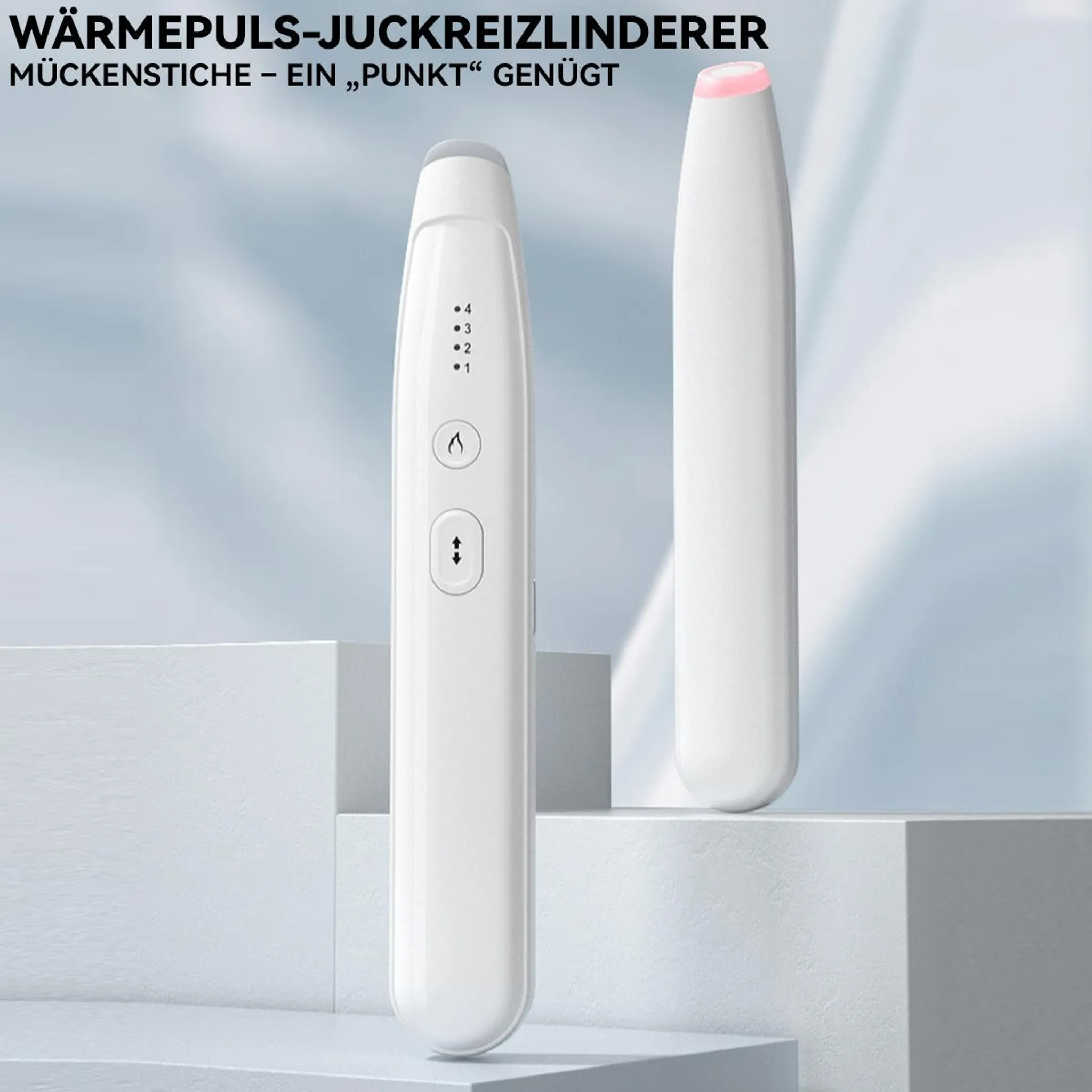 Zwei weiße Insektenstich-Behandlungsstifte auf Podesten, einer mit roter Spitze.