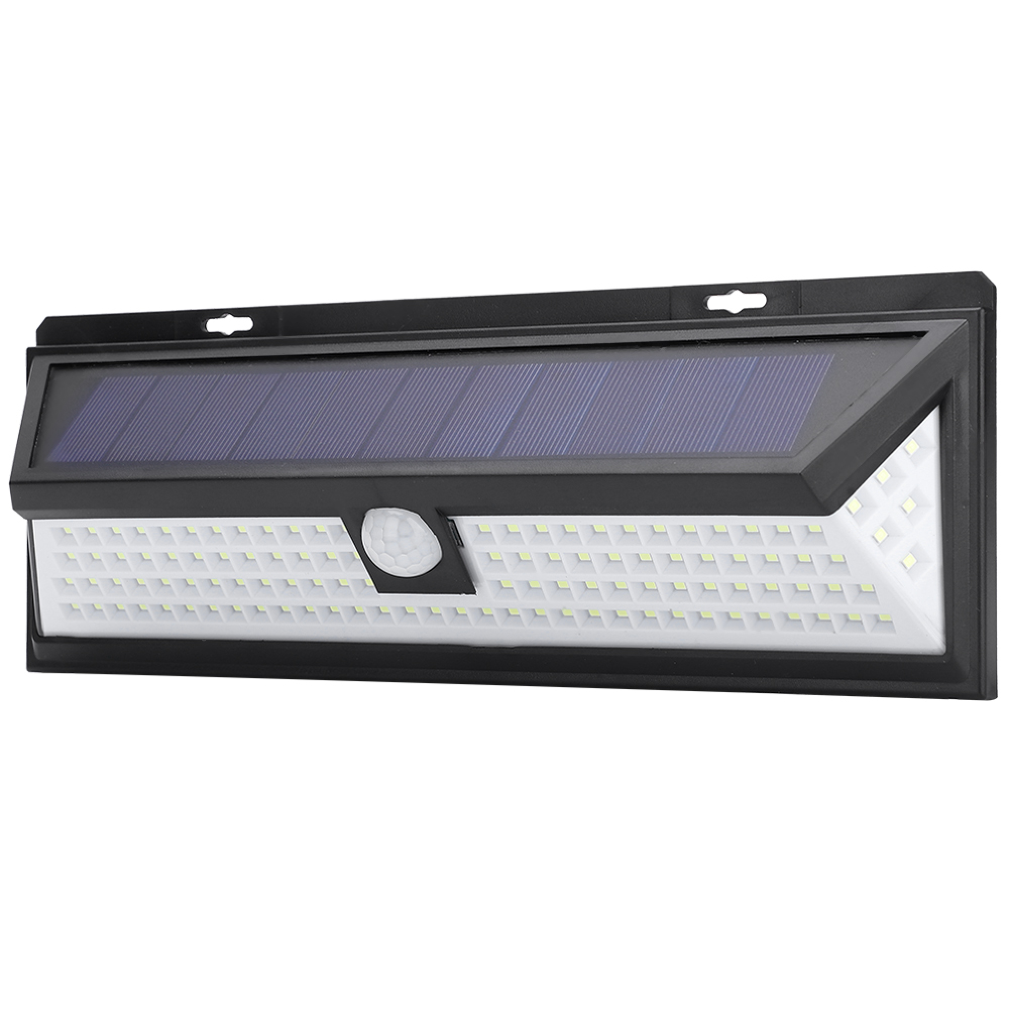 Schwarze Solarlampe mit Bewegungsmelder und vielen LEDs.