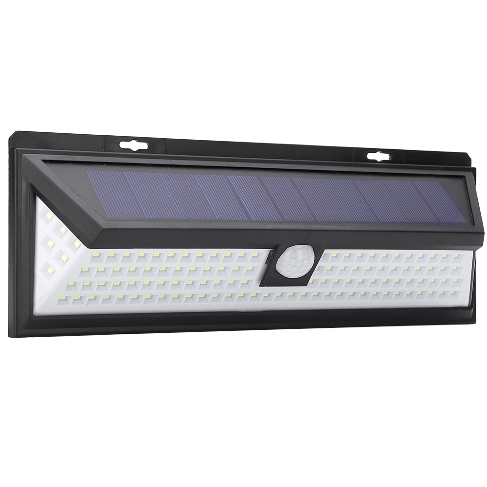 Schwarze Solar-Bewegungsmelder-Leuchte mit mehreren LEDs und Solarpanel.