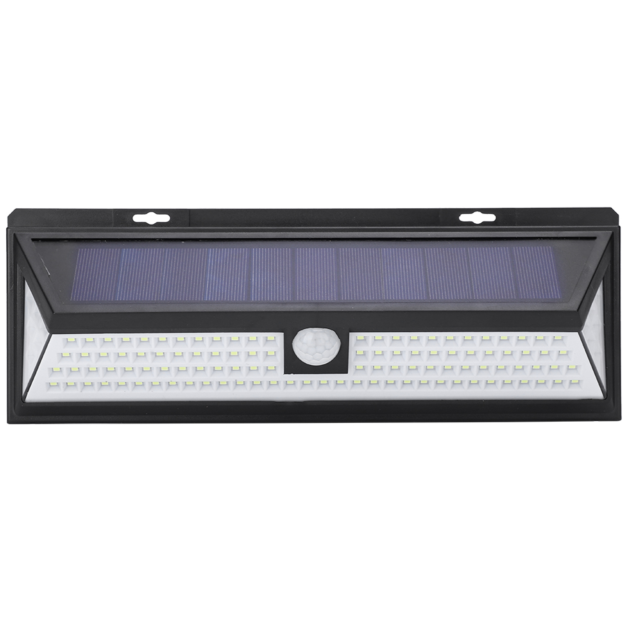 Ein schwarzer Solar-Außenstrahler mit Solarpanel und vielen LEDs.