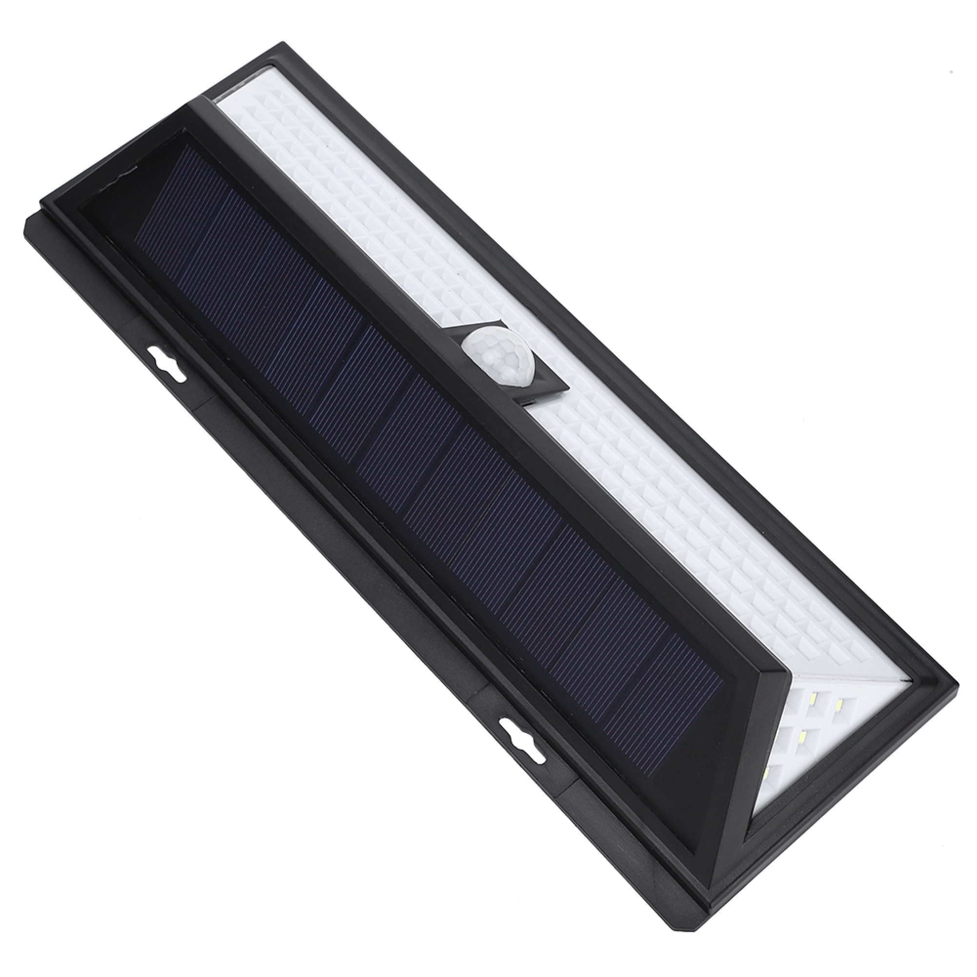 Eine schwarze Solarleuchte mit Bewegungssensor und LEDs auf weißem Grund.