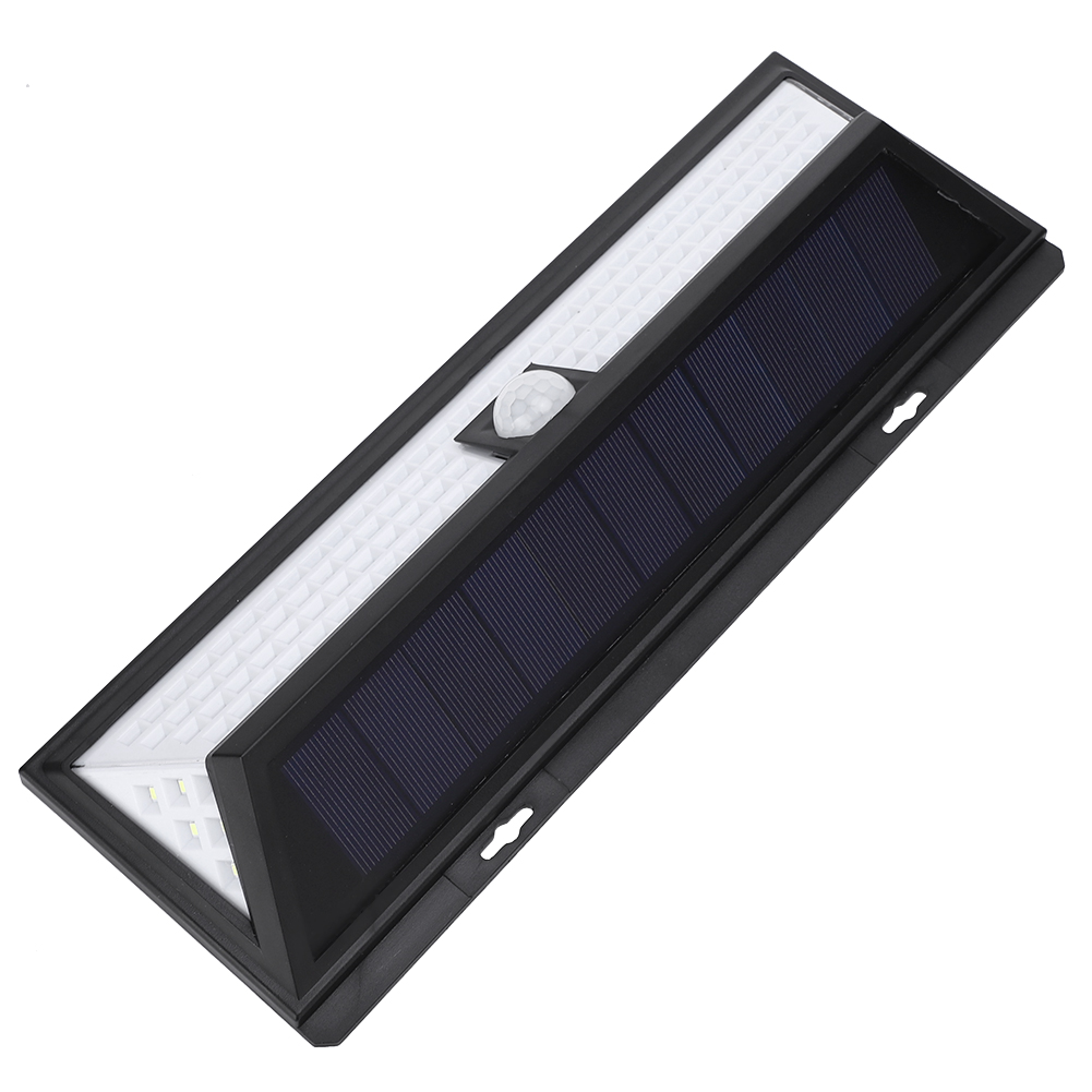 Ein schwarzes Solarlicht mit Solarpanel und Bewegungssensor