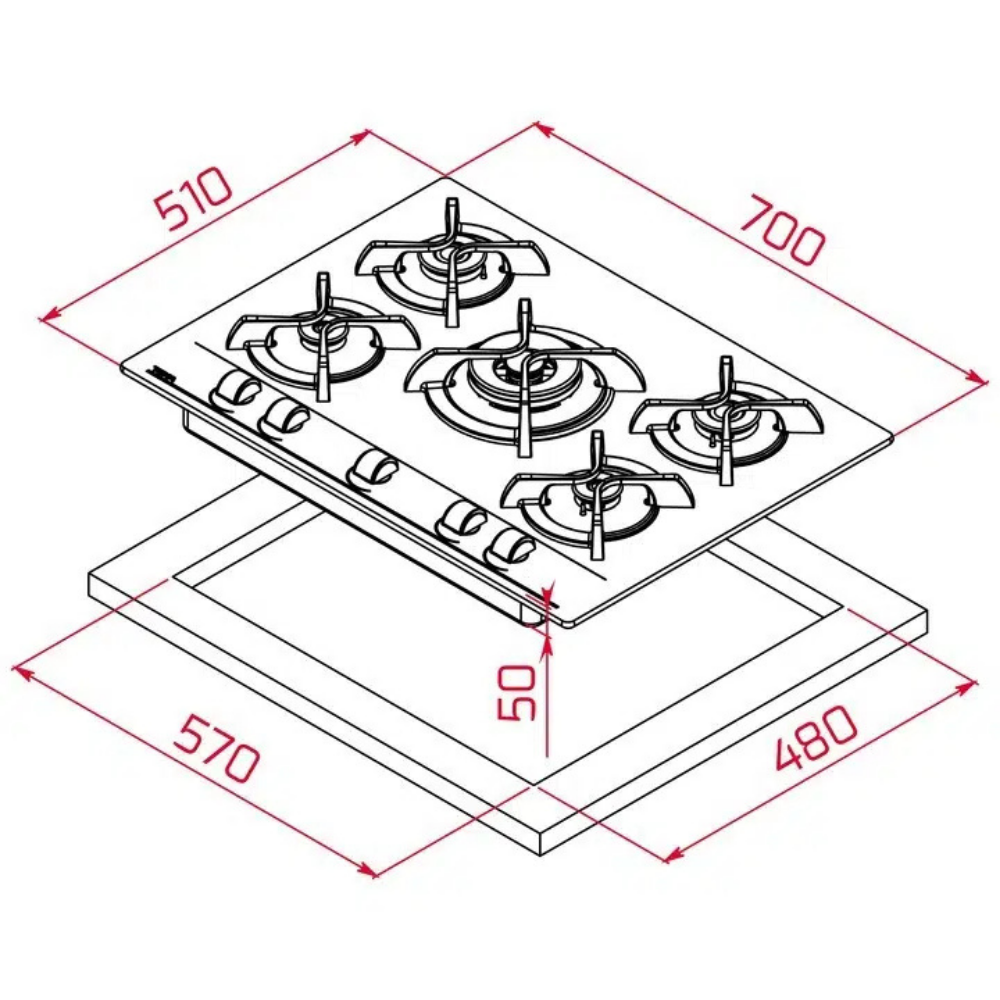 4 gözlü gazlı ocak, ölçüler 700x510mm, kesim 570x480mm, yükseklik 50mm.