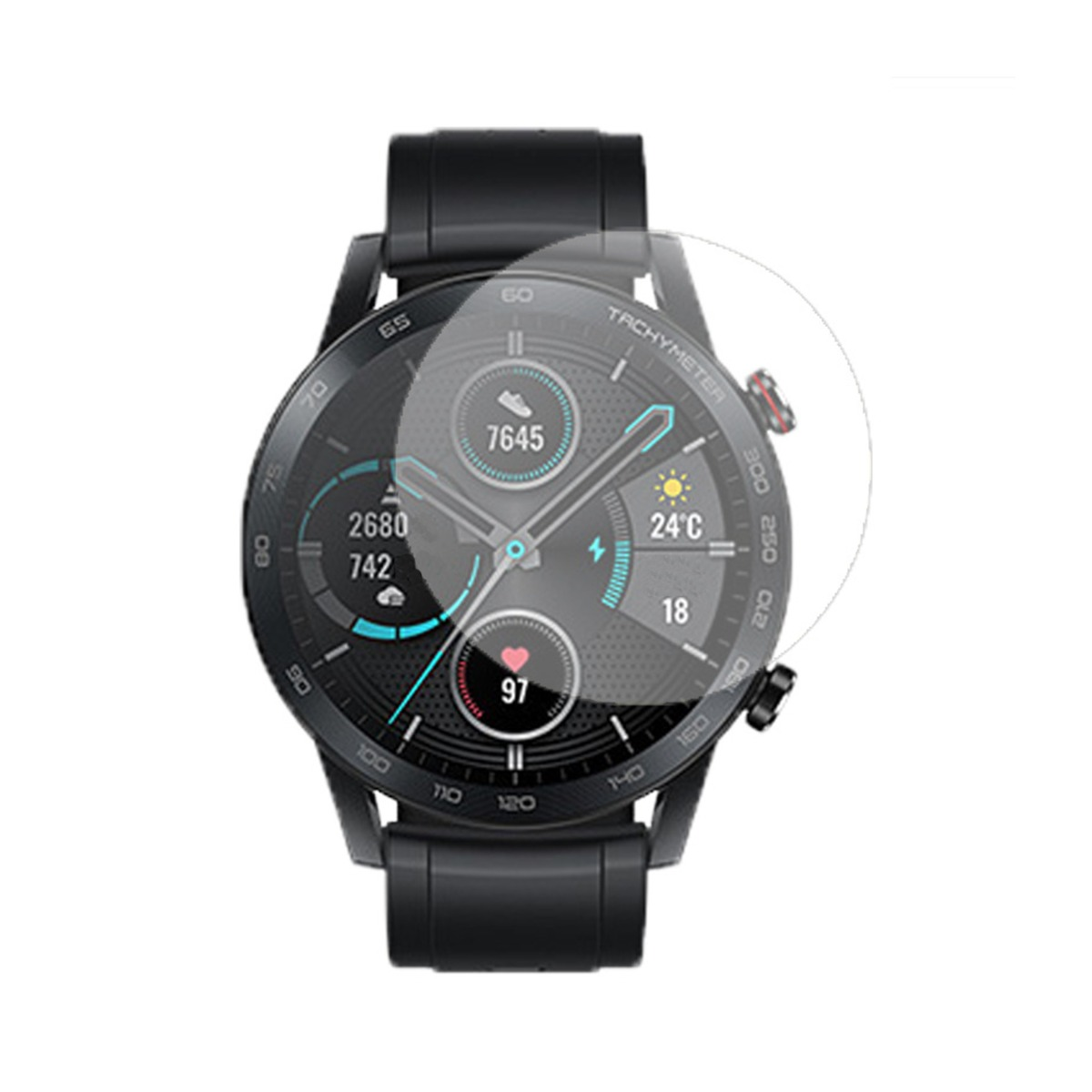 Smartwatch nero con quadrante rotondo, mostra 7645 passi, 24°C e 97 battiti.