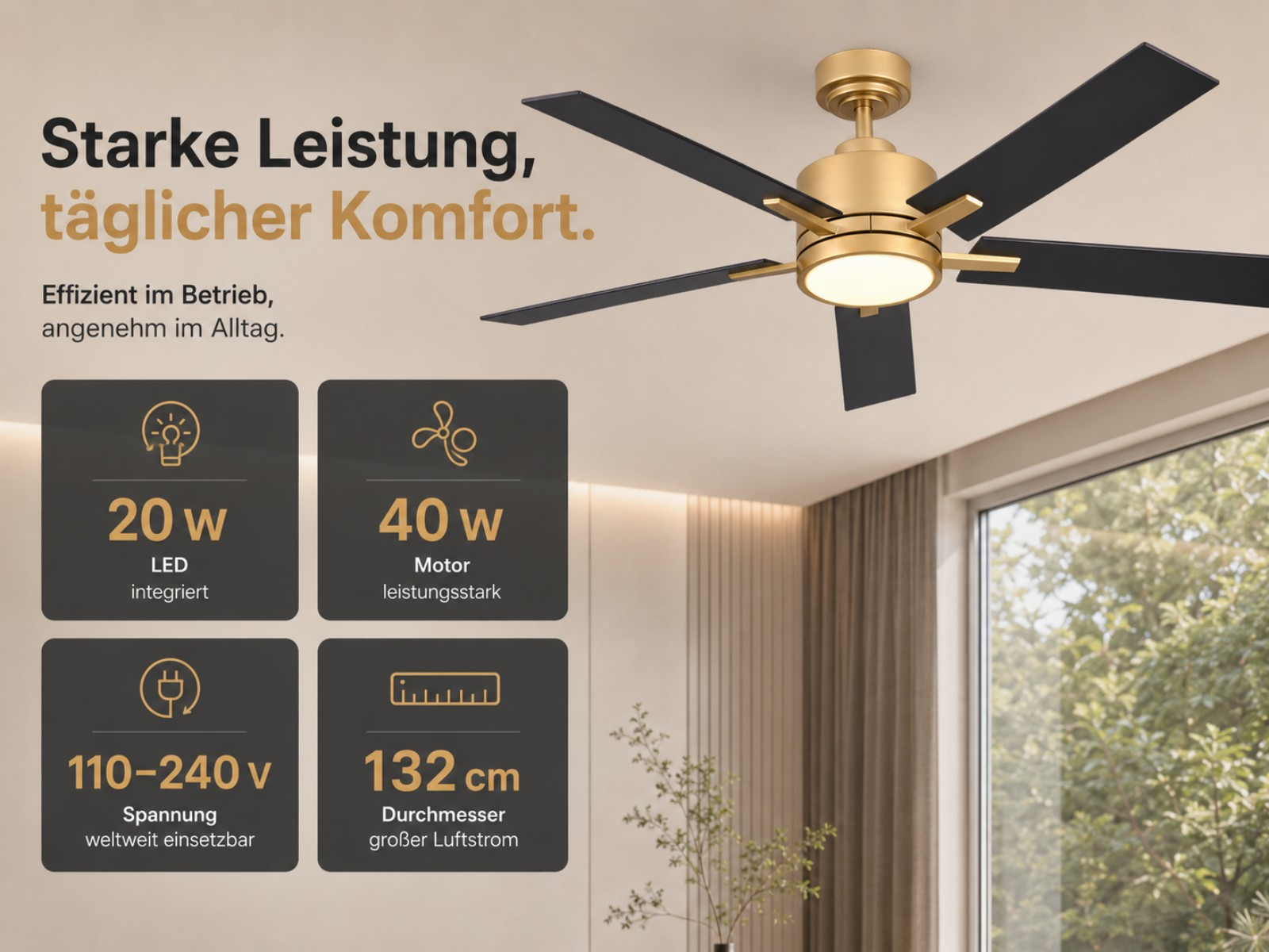 Goldener Deckenventilator mit schwarzen Flügeln und integrierter LED-Leuchte.