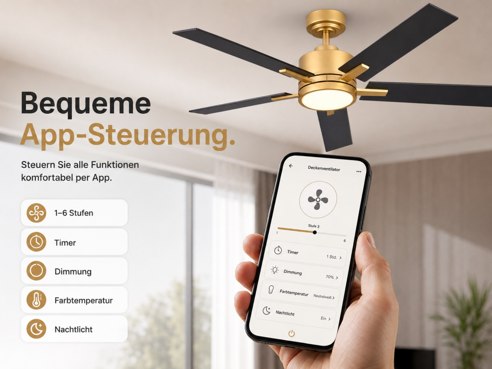 Deckenventilator mit App-Steuerung, zeigt Optionen wie Timer, Dimmung, Farbtemperatur, Nachtlicht.