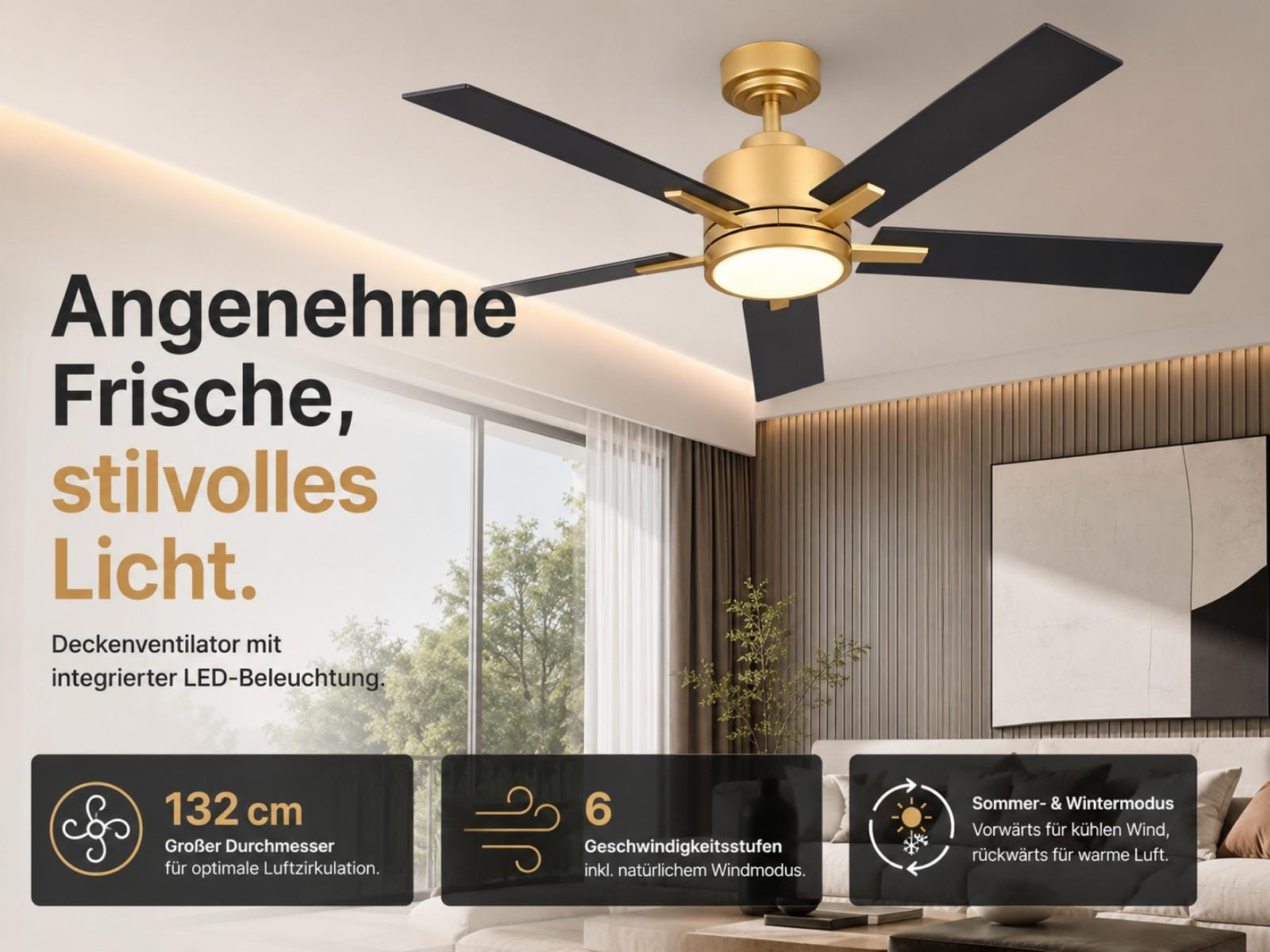 Goldener Deckenventilator mit schwarzen Rotorblättern und integrierter LED-Beleuchtung.