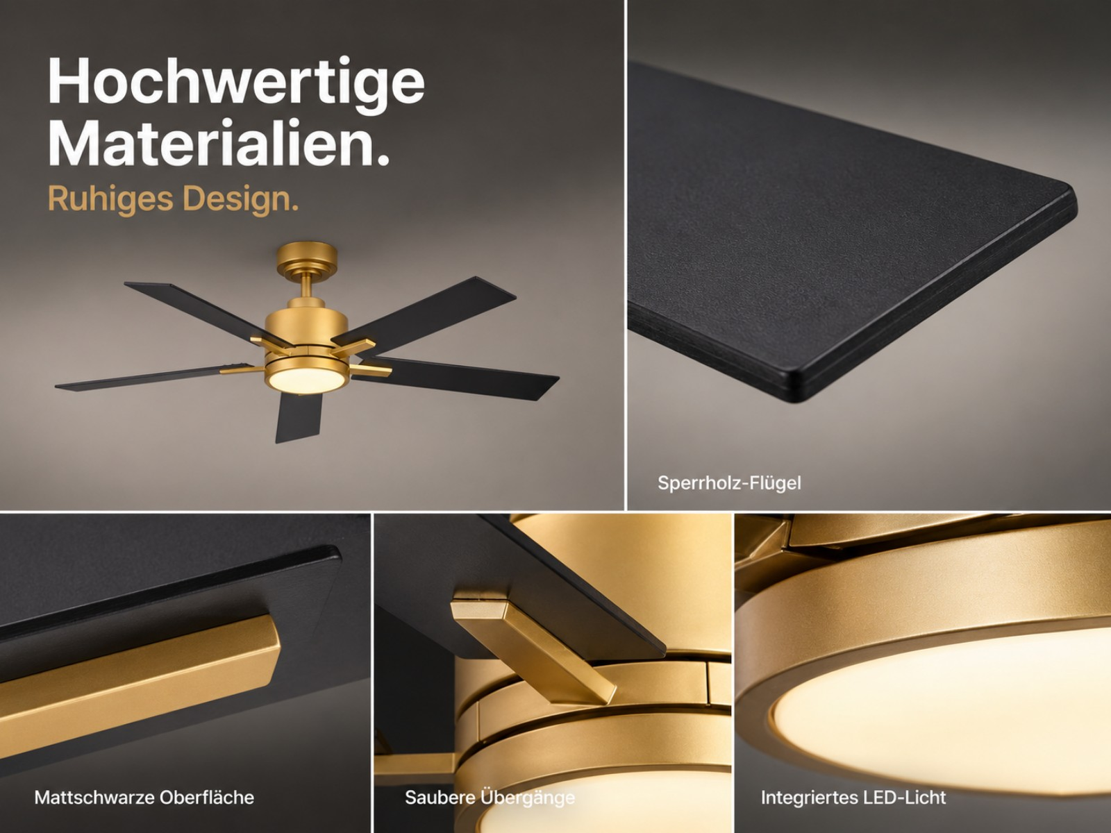 Deckenventilator mit schwarzen Flügeln und Goldakzenten, integriertem Licht.
