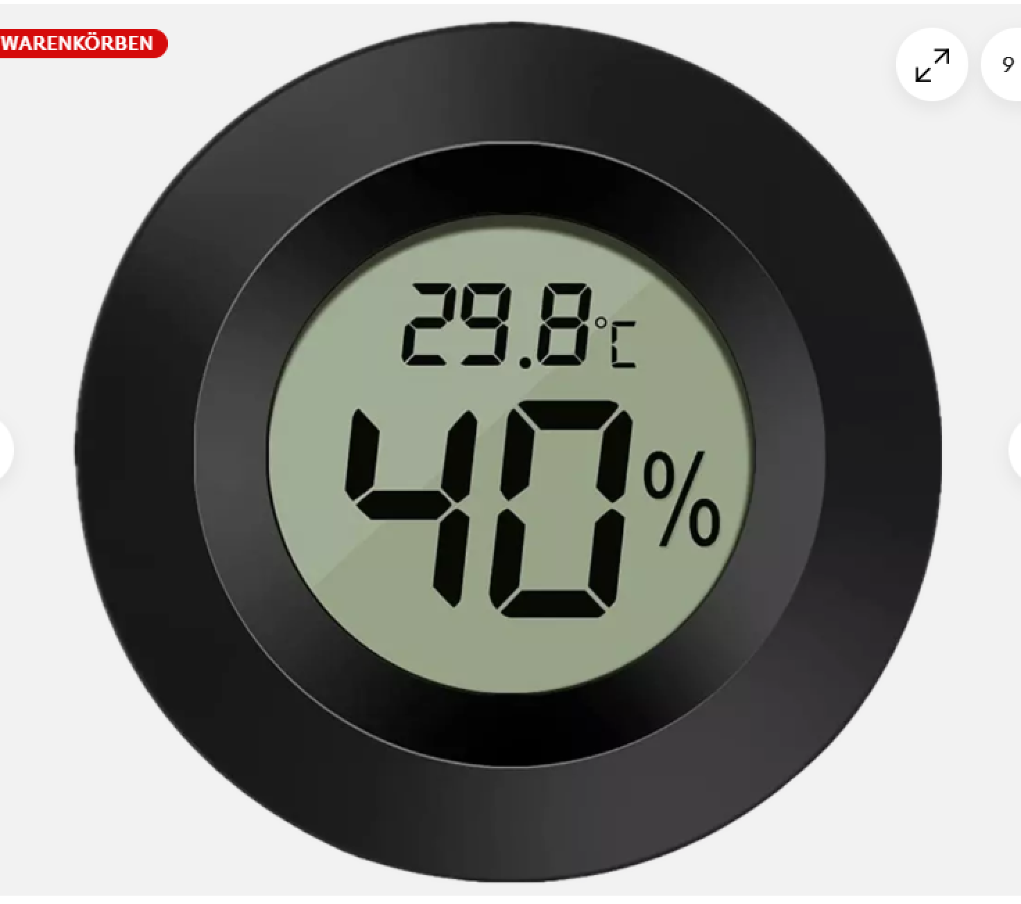 Ein schwarzer digitaler Thermometer-Hygrometer zeigt 29.8°C und 40% Luftfeuchtigkeit an.