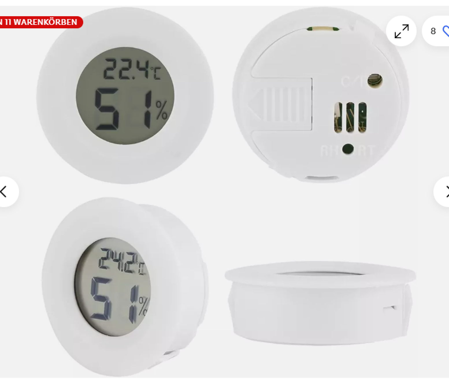 Ein weißer digitaler Thermometer und Hygrometer zeigt 22.4C und 51% Luftfeuchtigkeit an.