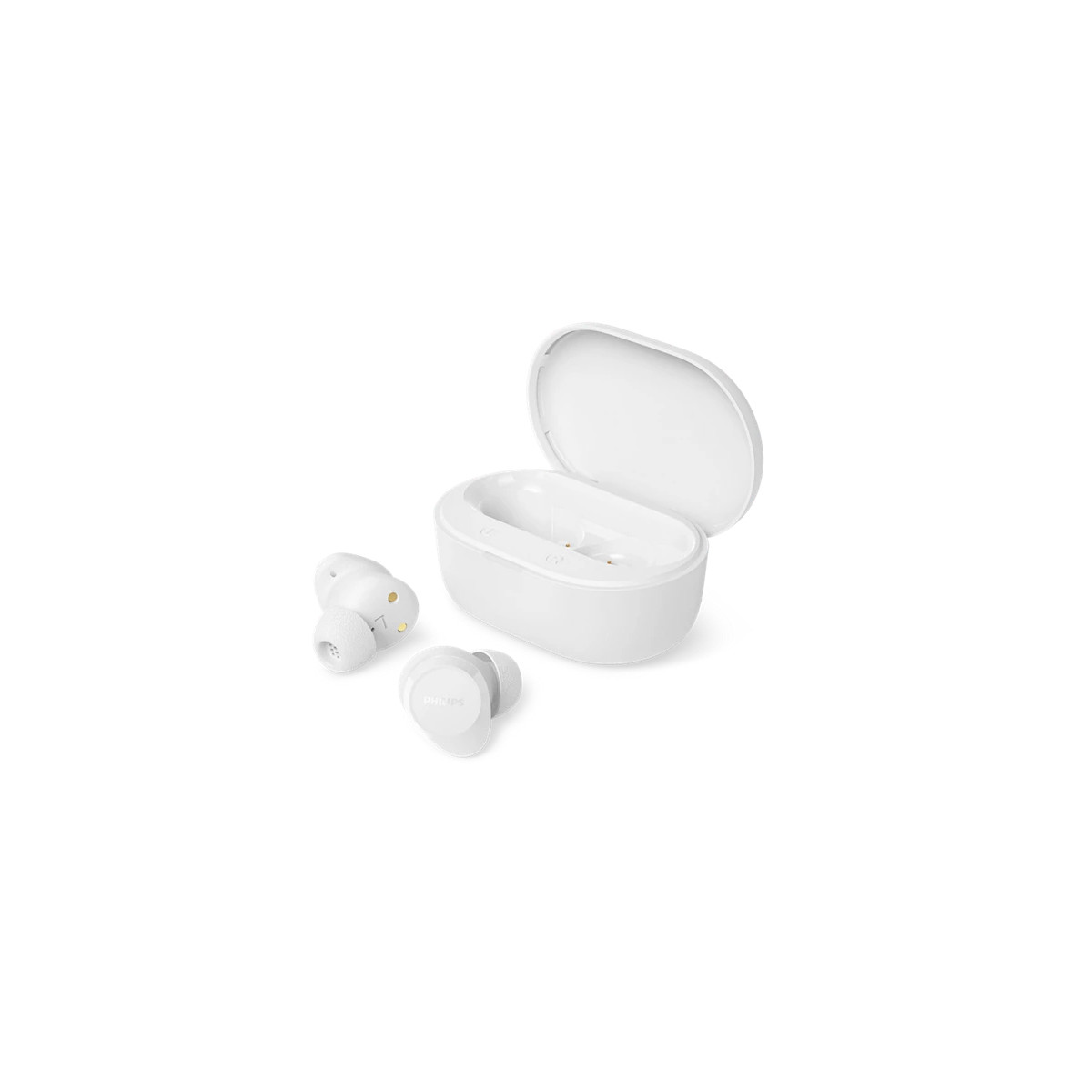 Auricolari wireless bianchi e il loro astuccio di ricarica su sfondo bianco.