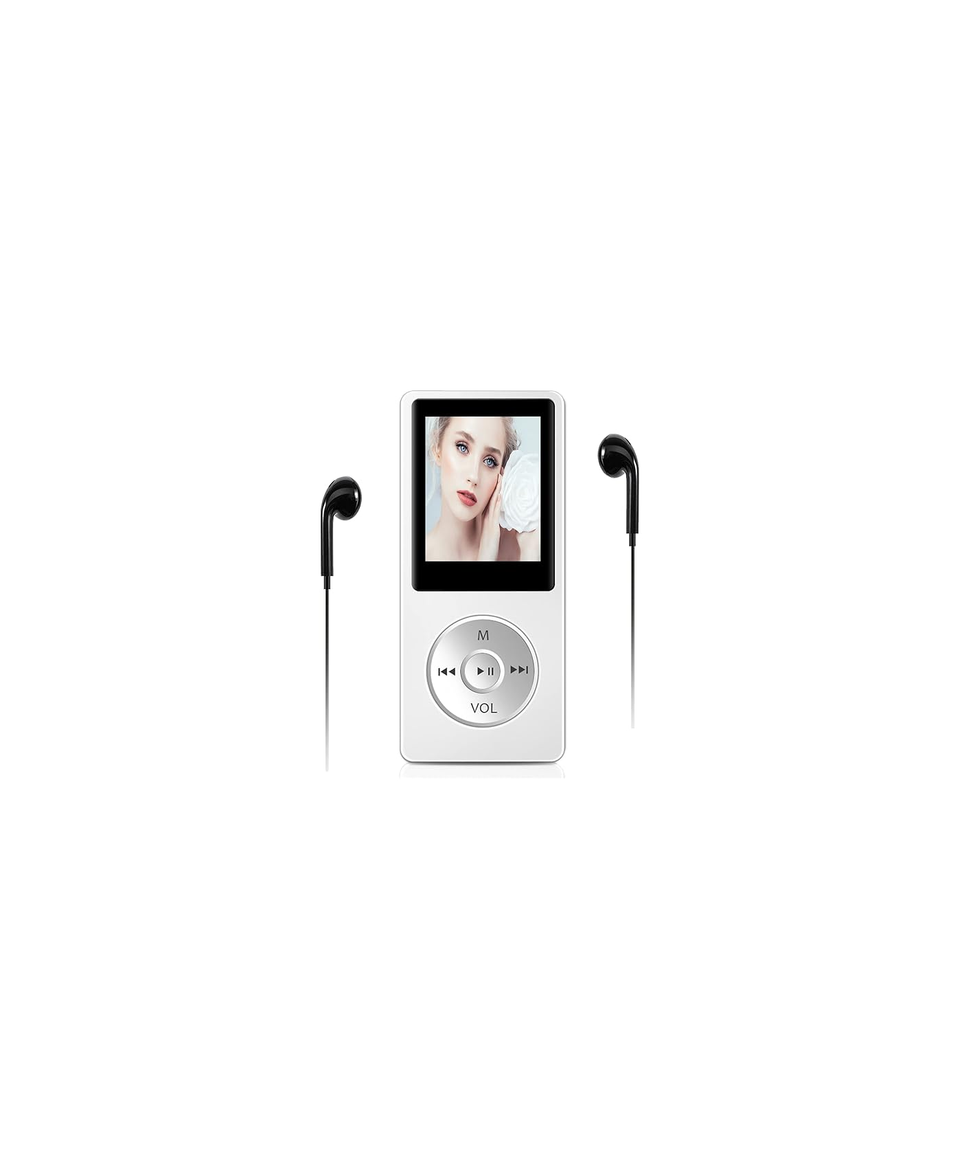 Ein weißer MP3-Player mit Kopfhörern, der ein Porträt einer Frau zeigt.