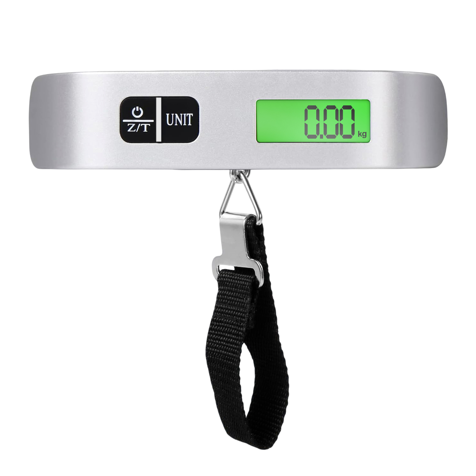 Ein silbernes Gepäckwaage mit schwarzem Band und grüner Digitalanzeige zeigt 0.00 kg.