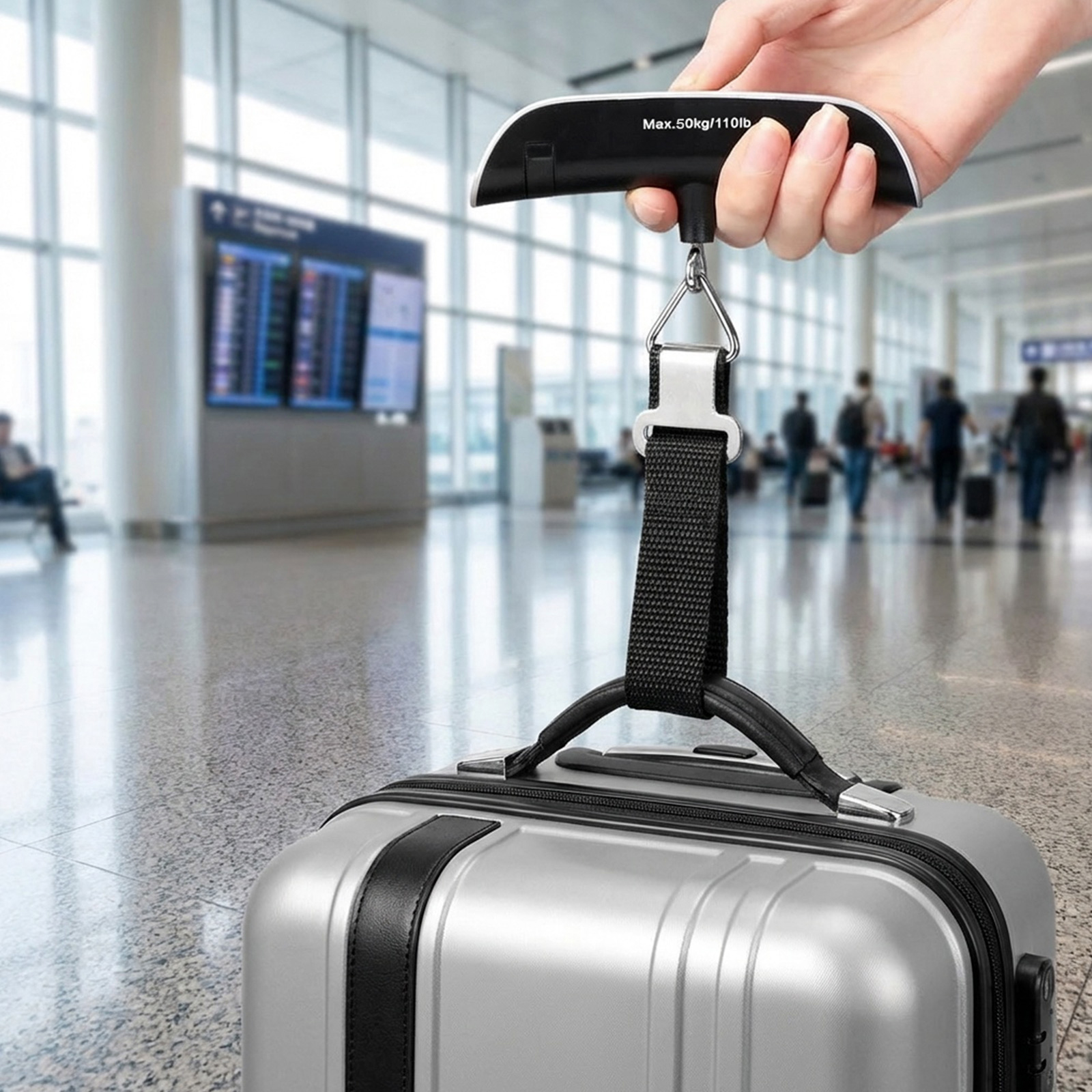 Person wiegt silbernen Koffer mit digitaler Gepäckwaage am Flughafen.