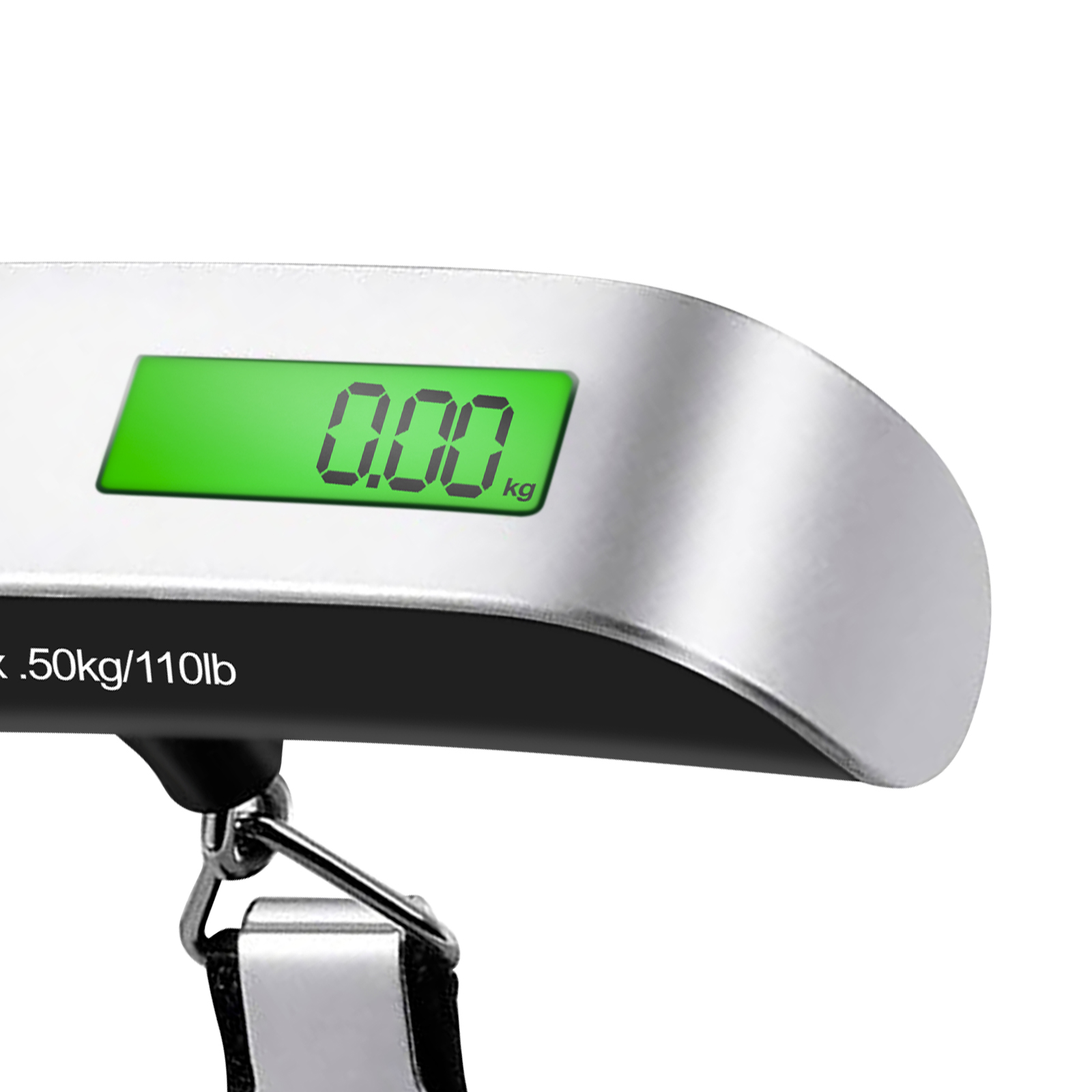 Digitalwaage mit leuchtend grüner Anzeige von 0,00 kg und silbernem Haken.