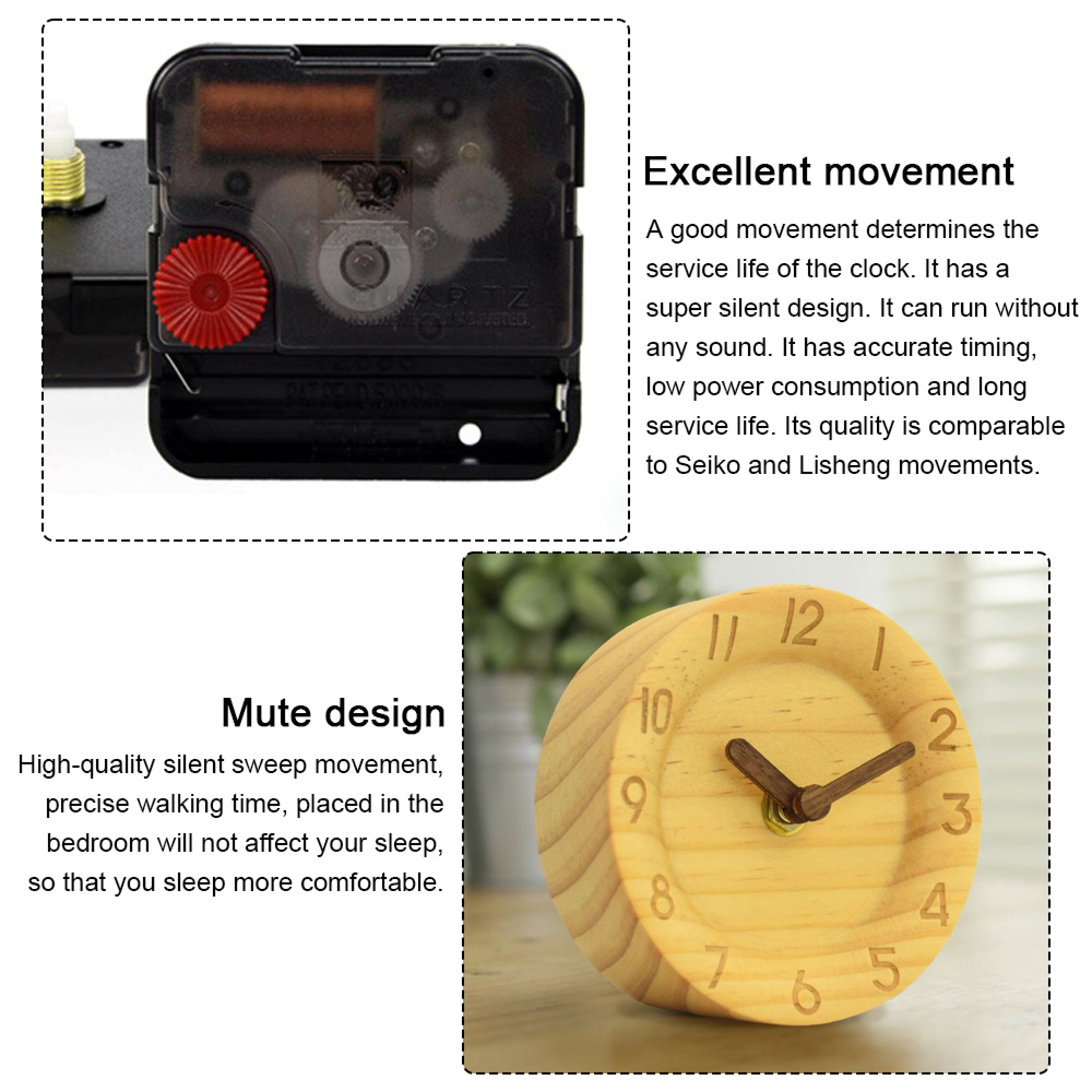 Uhrwerk und Holzuhr im Detail. Das Uhrwerk ist schwarz mit roten Zahnrädern. Die Uhr ist aus Holz mit Zeigern.