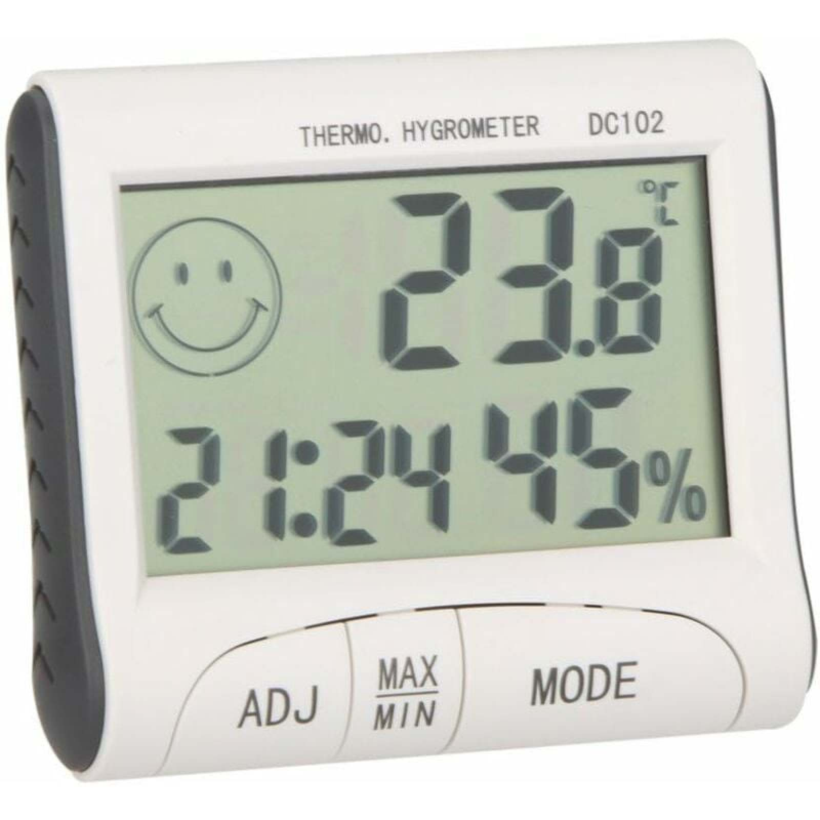 Ein weißes Thermo-Hygrometer zeigt 23,8°C, 21:24 Uhr und 45% Luftfeuchtigkeit an.
