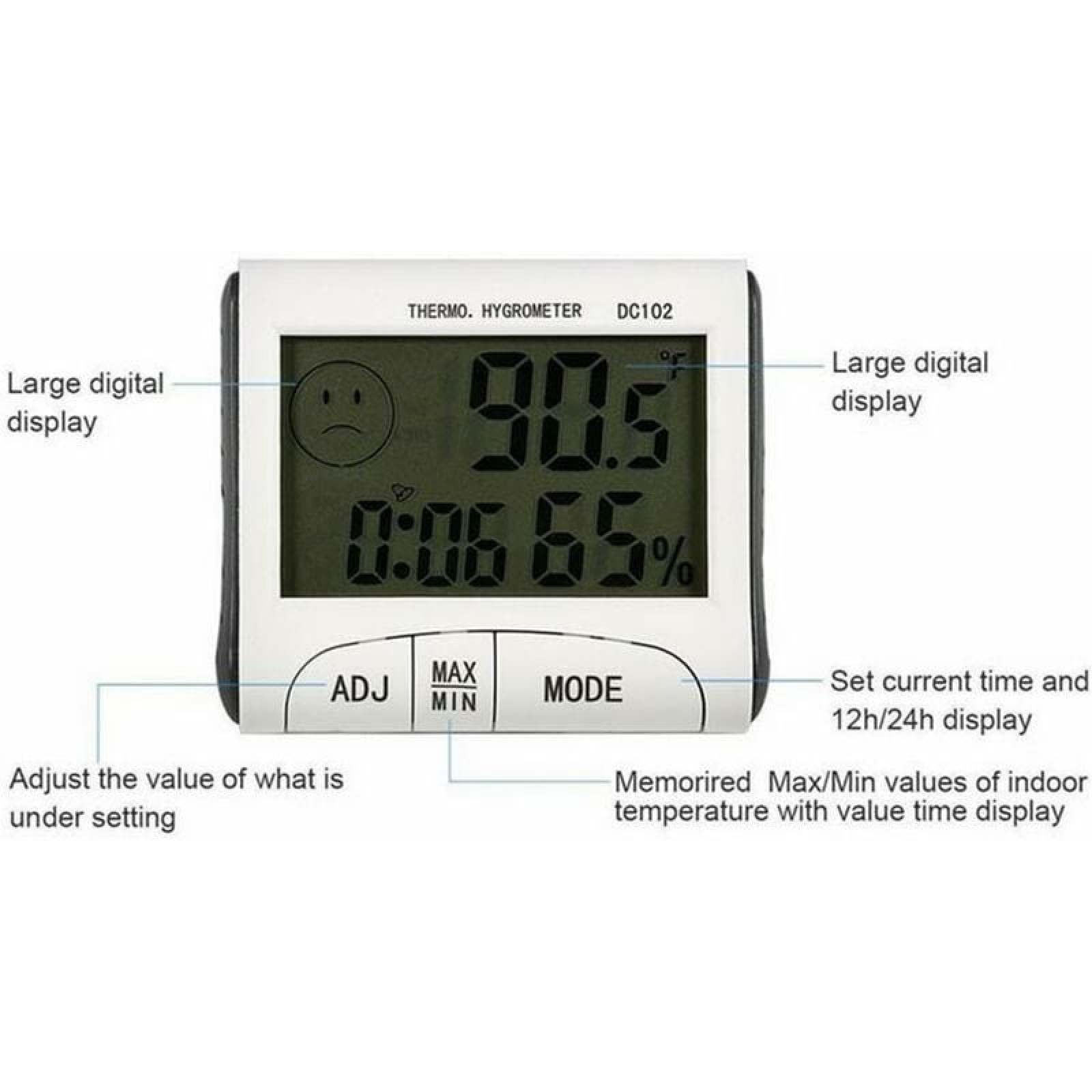 Digitales Thermo-Hygrometer mit Temperatur, Uhrzeit und Feuchtigkeitsanzeige.