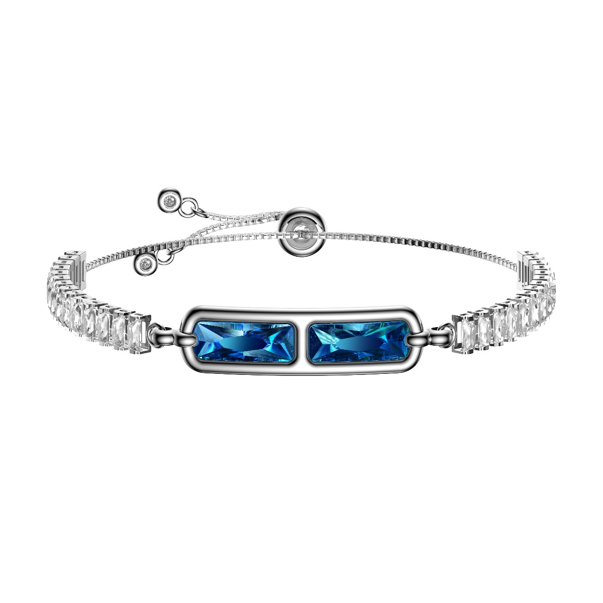 Ein silbernes Armband mit rechteckigen blauen Steinen und transparenten Steinen.