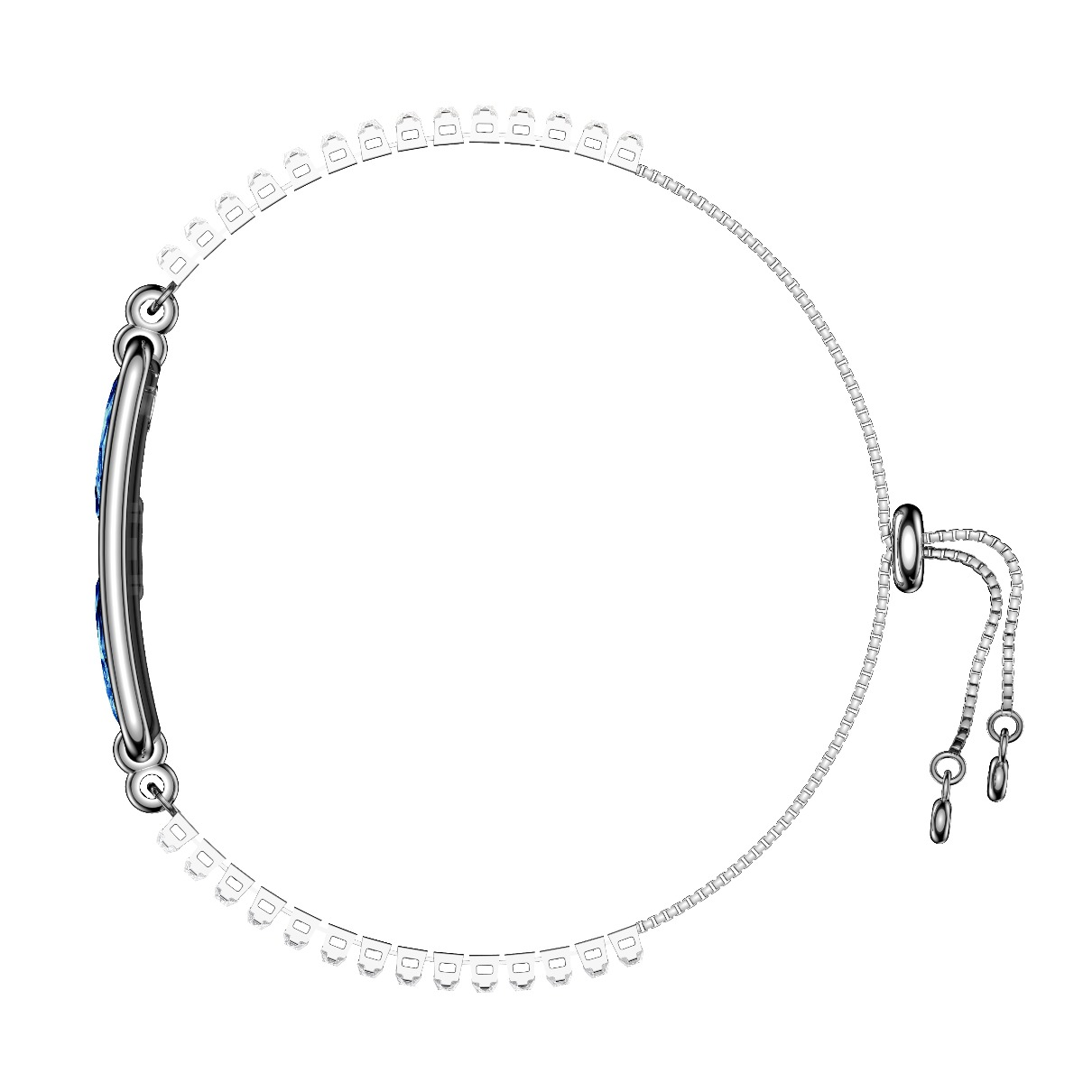 Ein silbernes Armband mit blauen Steinen und verstellbarem Verschluss.
