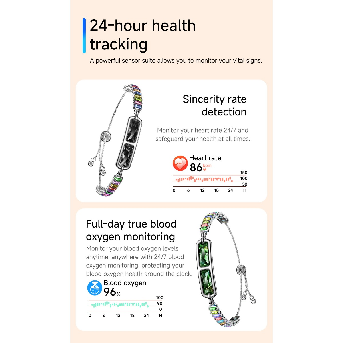 Armband mit Herzfrequenz (86 bpm) und Blutsauerstoff (96%) mit Grafiken.