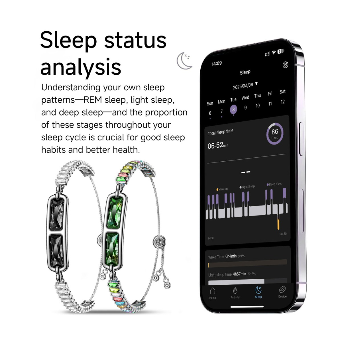 Zwei Armbänder und ein Handy, das Schlafdaten anzeigt.