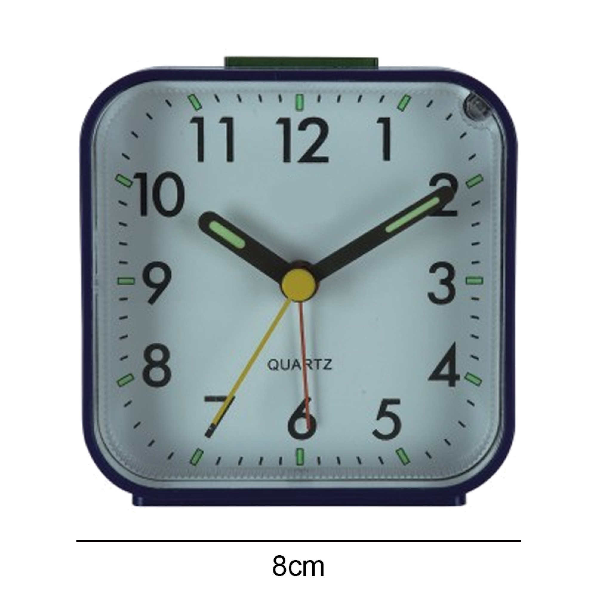 Ein quadratischer Wecker mit blauem Rahmen und leuchtenden Zeigern. Die Zeit ist 10:28 Uhr.