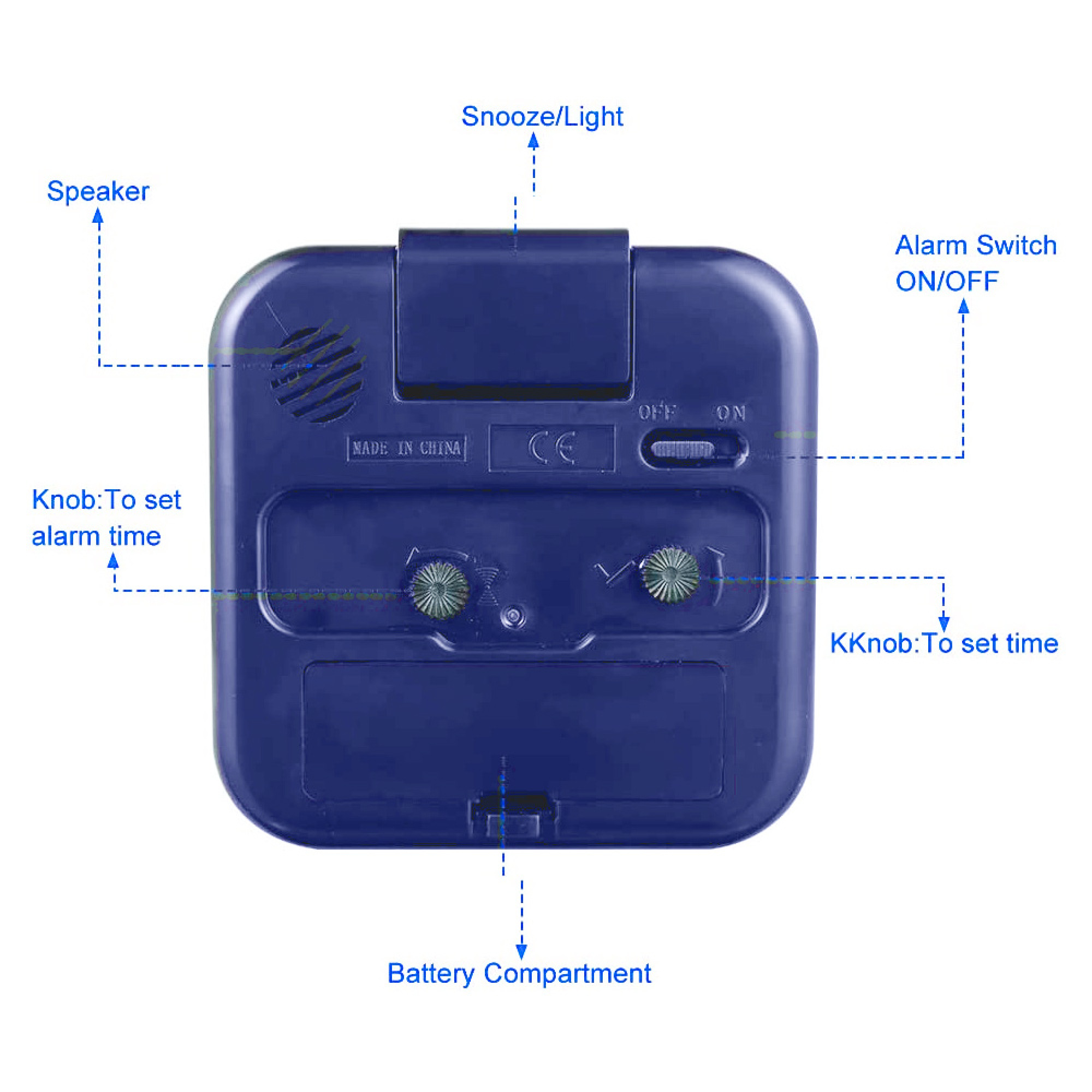 Rückseite eines blauen Weckers mit Beschriftungen für Lautsprecher, Snooze/Licht, Alarm und Knöpfe.