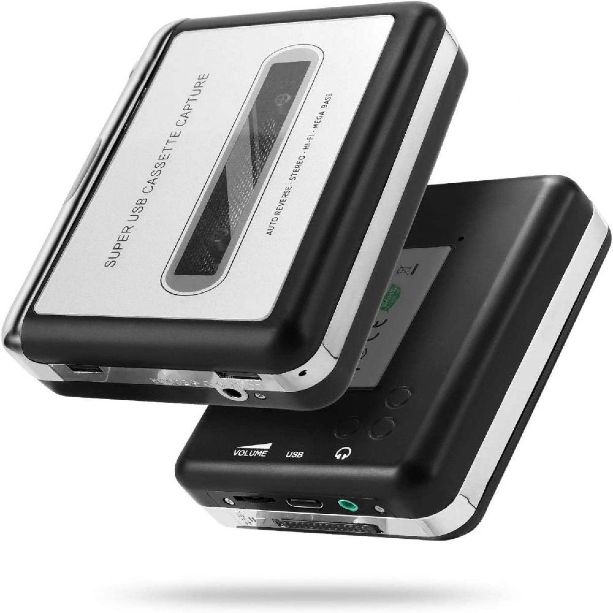 Ein silberner und schwarzer USB-Kassettenrekorder mit Beschriftung.