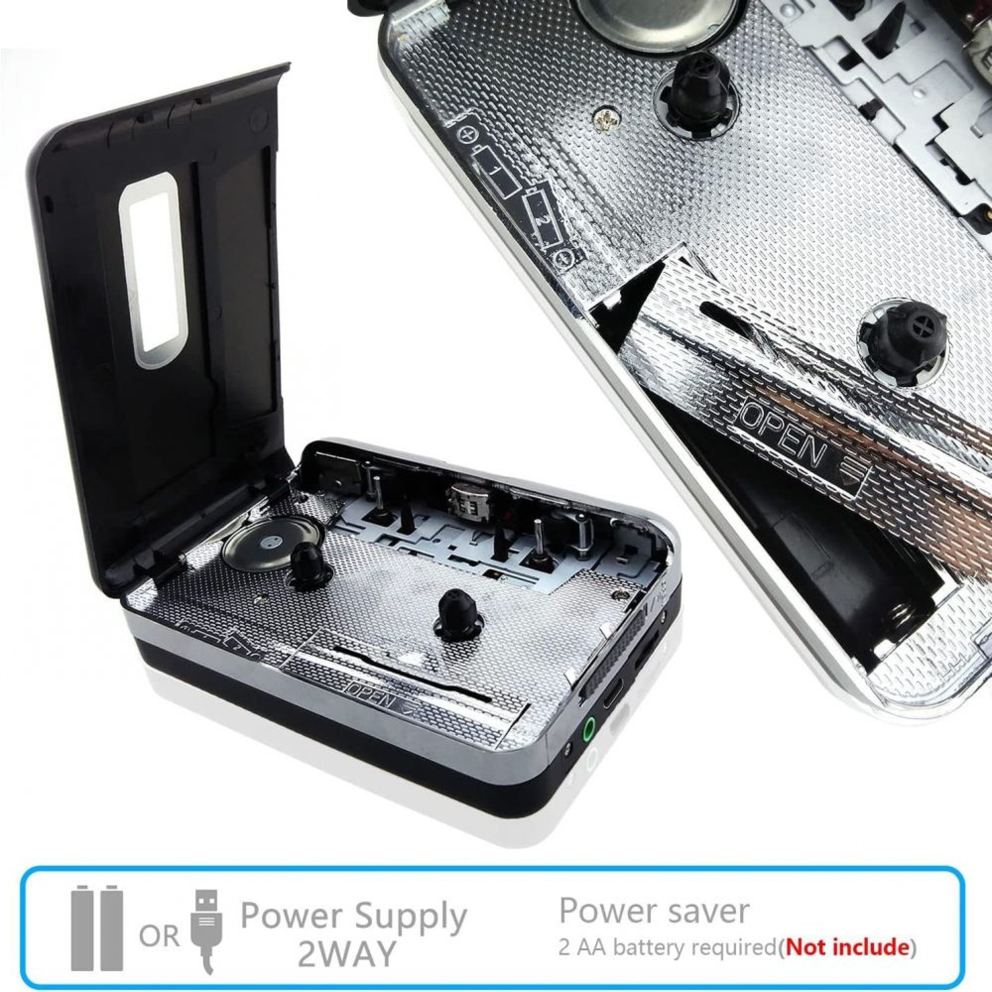 Offener Kassettenrekorder mit silbernem Innenleben und Batteriefach.