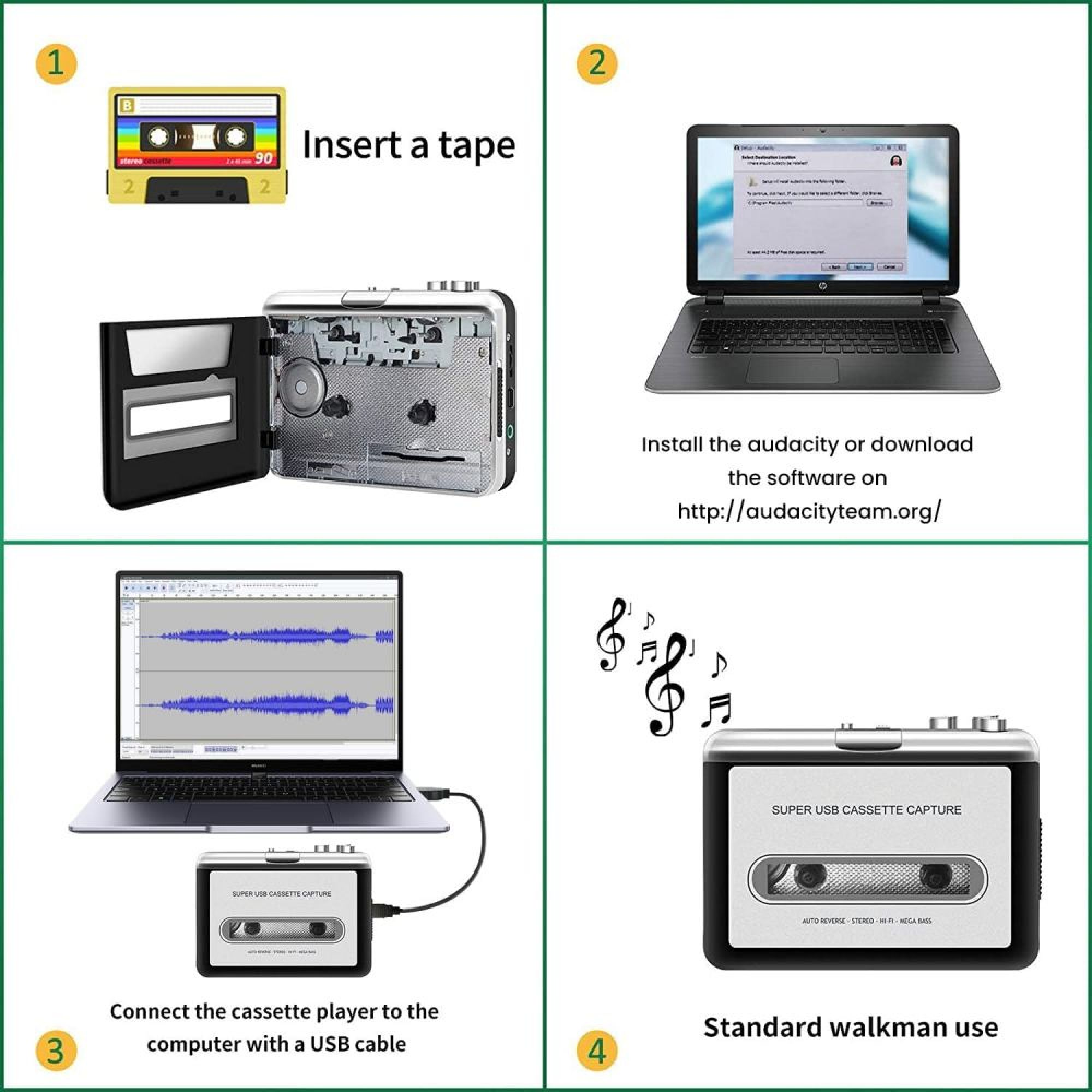 Anleitung in 4 Schritten: Kassette einlegen, Software installieren, verbinden, verwenden.