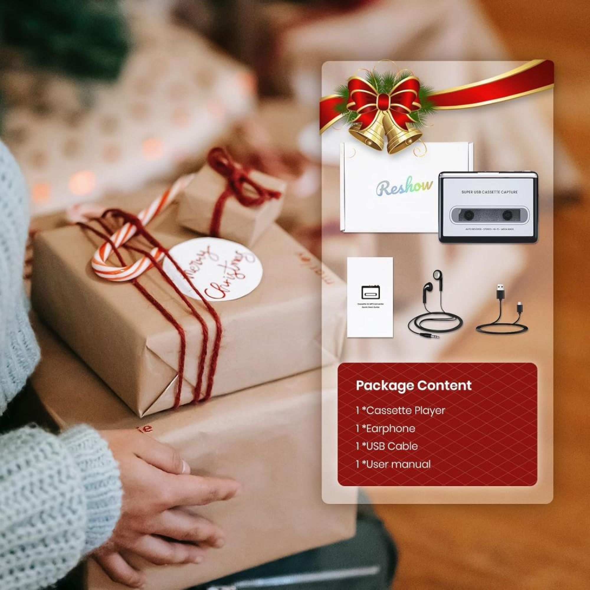 Geschenkpakete mit Kassettenrekorder, Ohrhörern, Kabel und Anleitung.