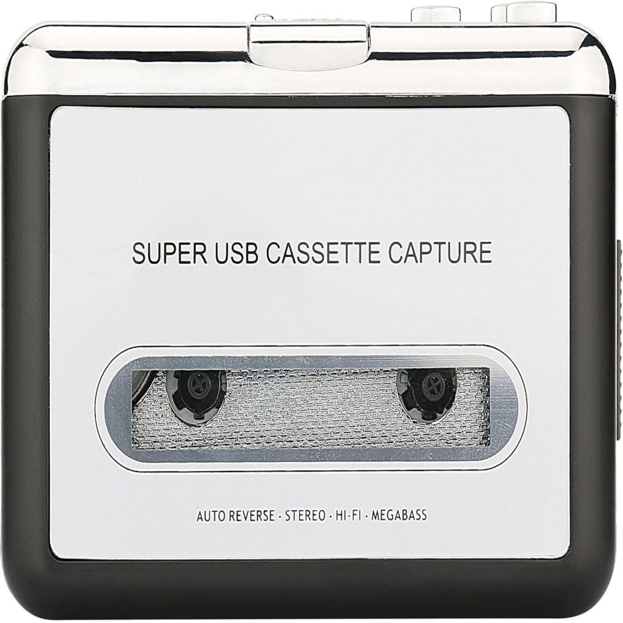 Ein schwarz-silbernes Super USB Cassette Capture-Gerät mit Knöpfen oben.
