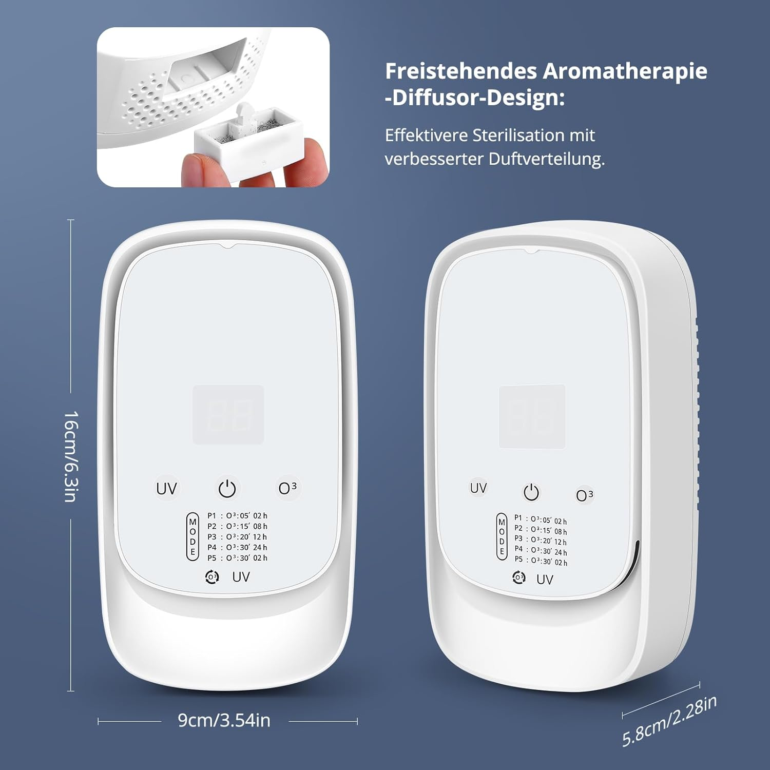 Zwei weiße Aromatherapie-Diffusoren mit UV- und Ozonfunktion. Maße angezeigt.