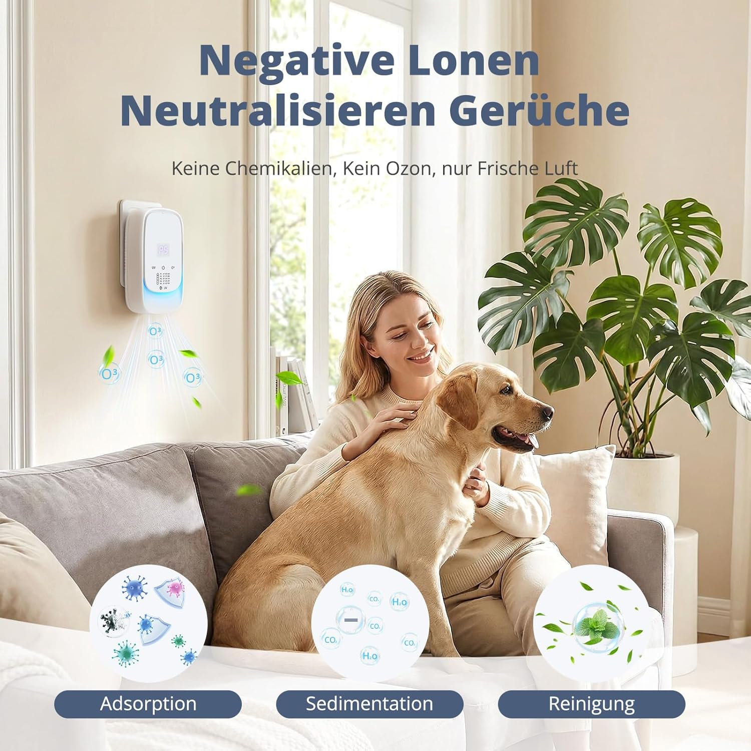 Ein Gerät gibt O3 ab, eine Frau sitzt mit einem Hund auf dem Sofa. Drei Kreise zeigen Adsorption, Sedimentation und Reinigung.