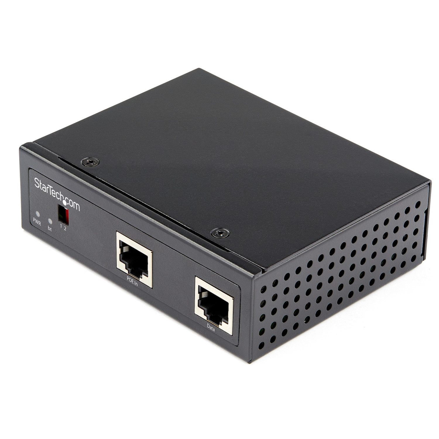 Ein schwarzes StarTech.com-Gerät mit zwei Ethernet-Anschlüssen und Status-LEDs.