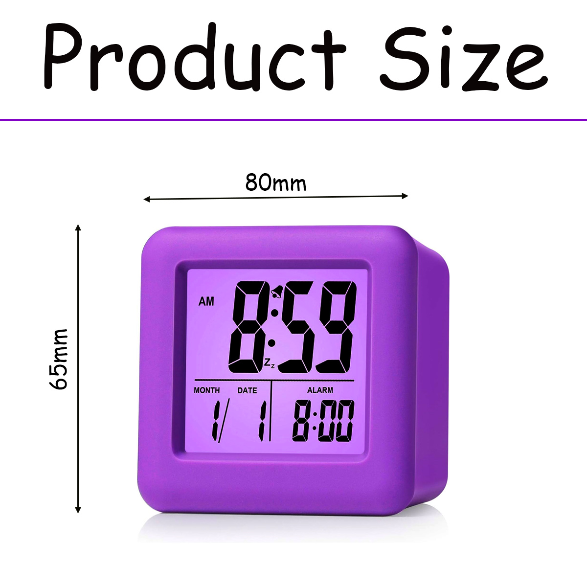 Lila Digitaluhr, 80mm breit, 65mm hoch, zeigt 8:59 Uhr, 1. Jan, 8:00 Alarm.