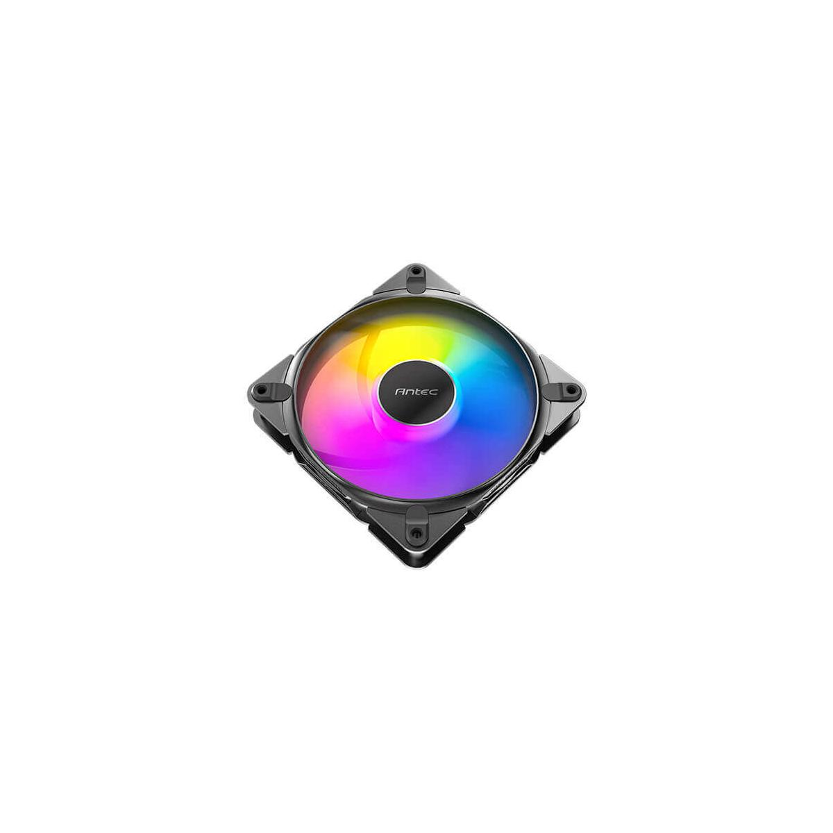 Ein schwarzer Computerlüfter mit RGB-Beleuchtung in Blau-, Lila-, Gelb- und Rottönen.