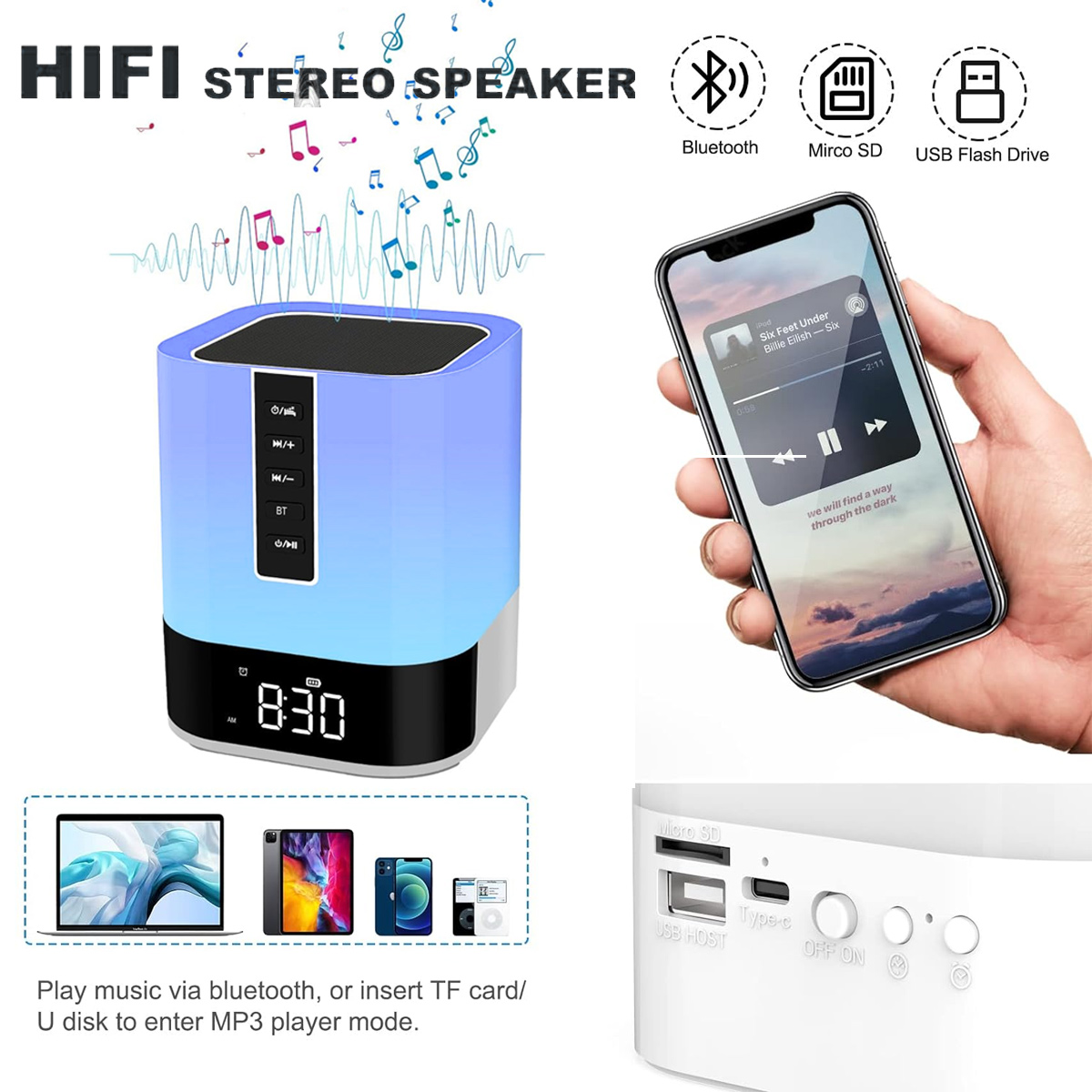 HIFI-Stereolautsprecher mit Smartphone, das Musik abspielt. Anzeige von Anschlüssen.
